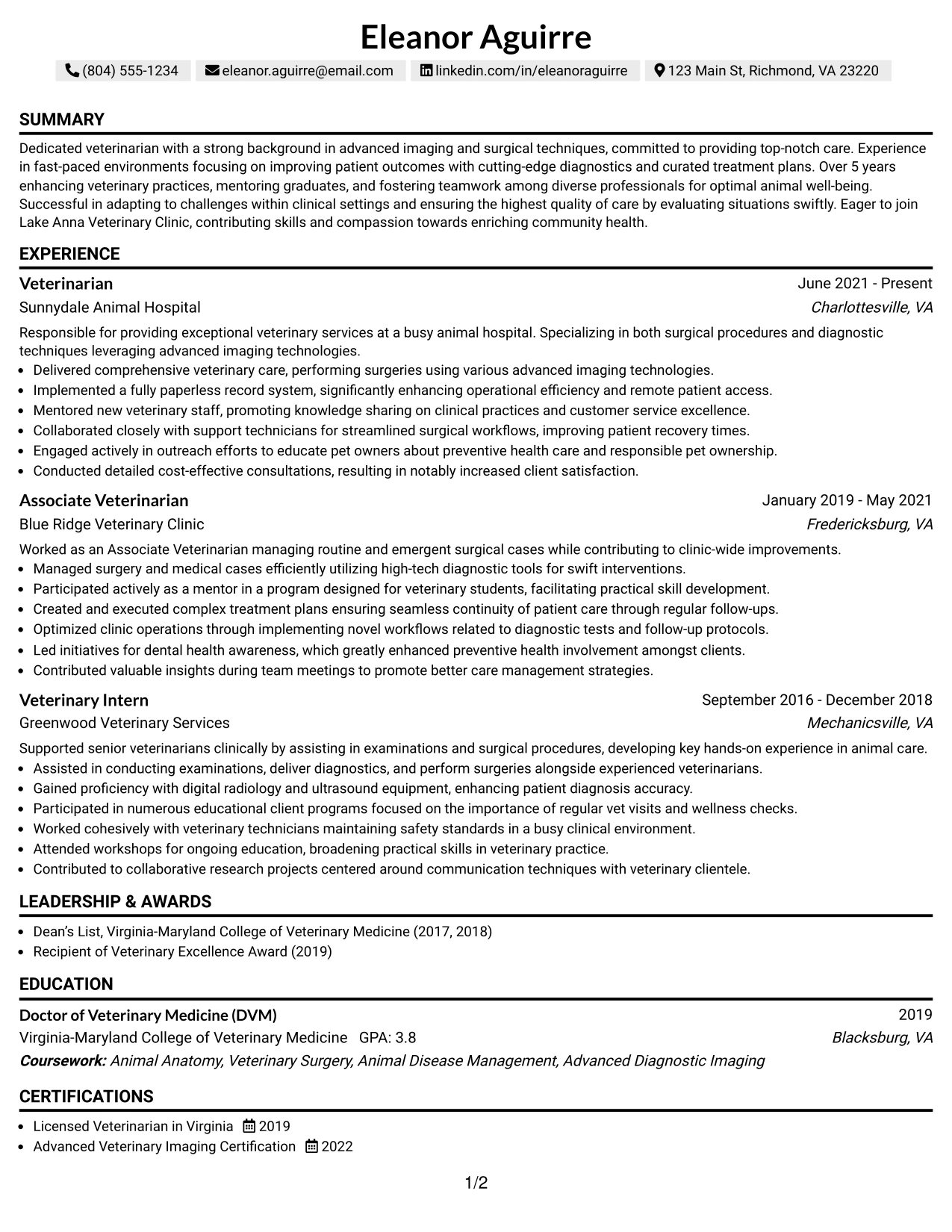 Resume Example Page 1