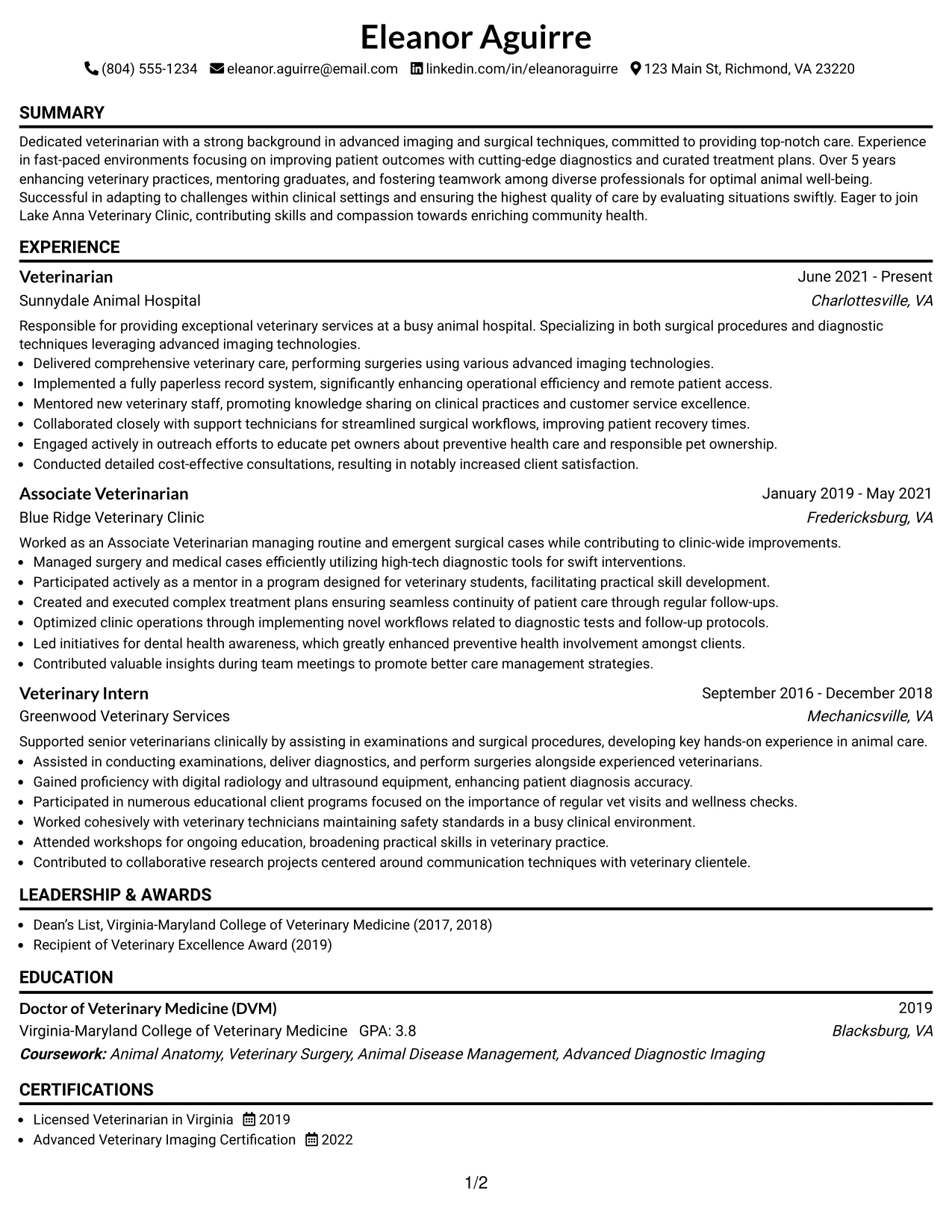 Resume Example Page 1
