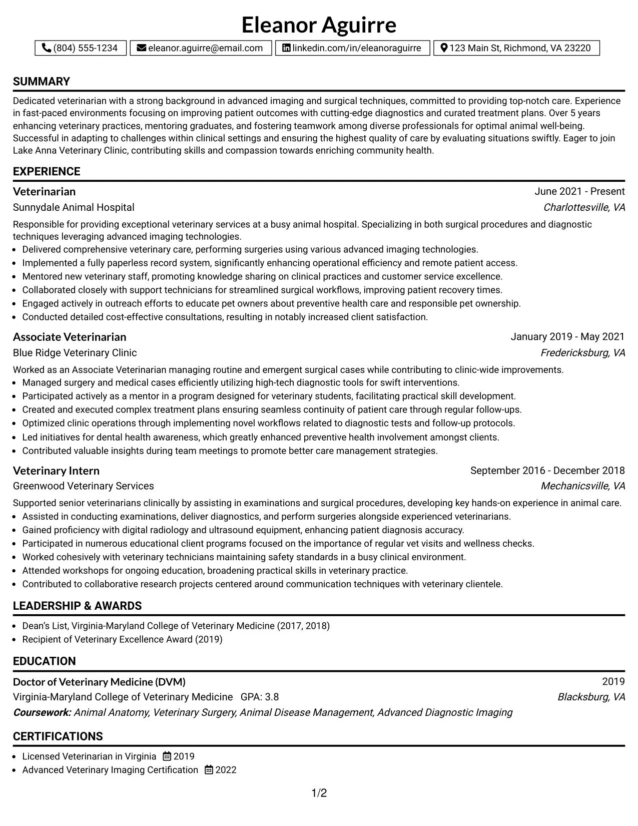 Resume Example Page 1