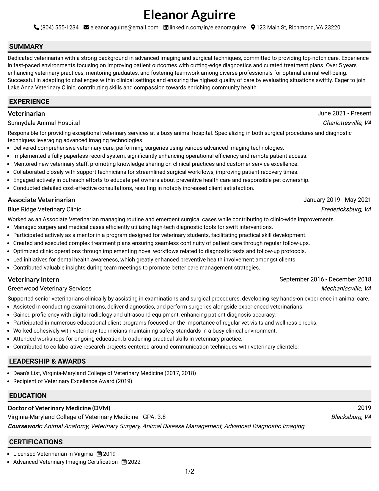 Resume Example Page 1