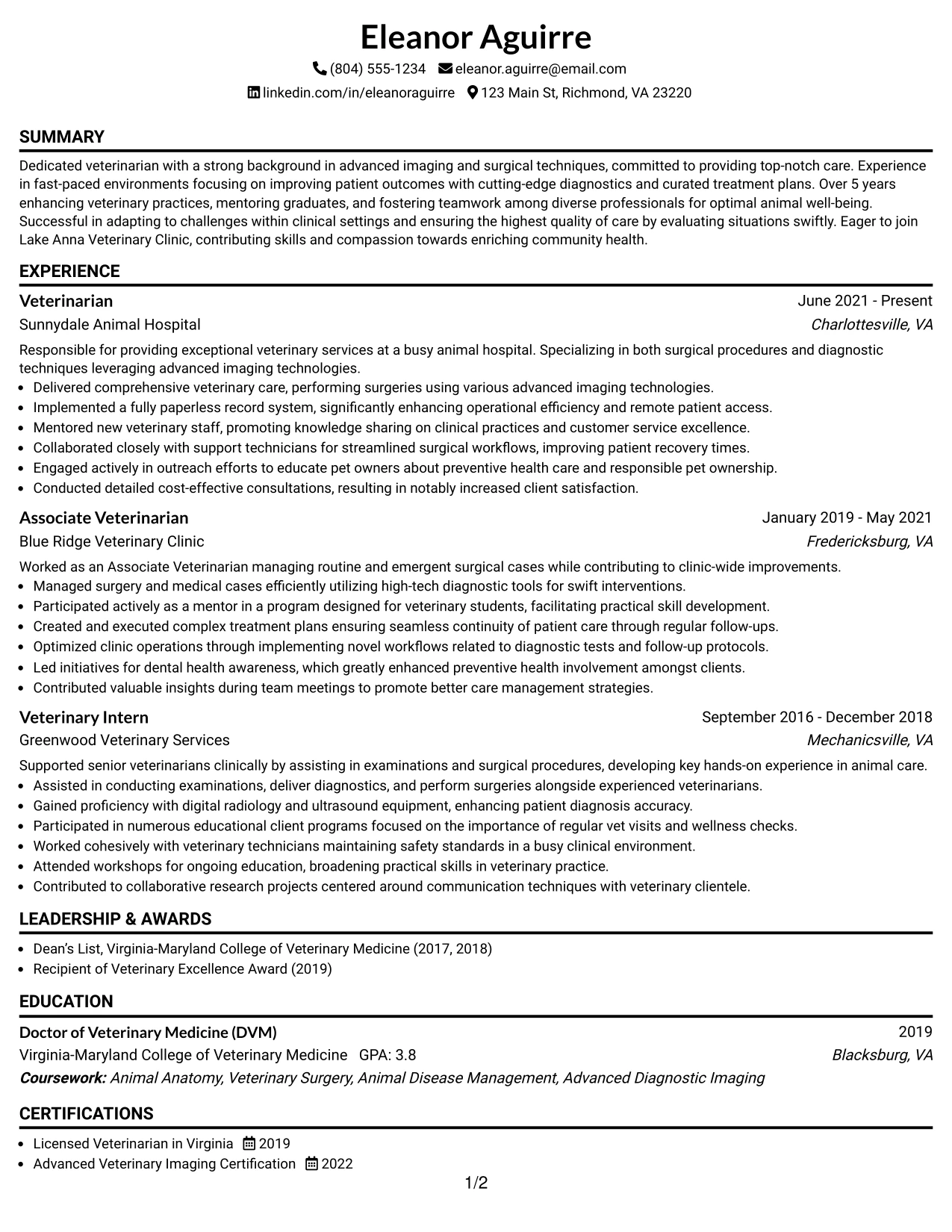 Resume Example Page 1