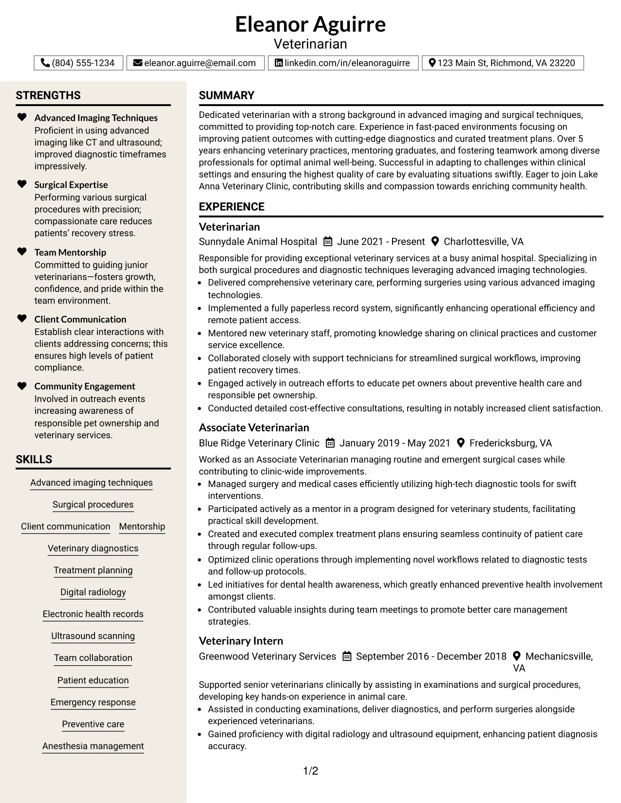 Resume Example Page 1