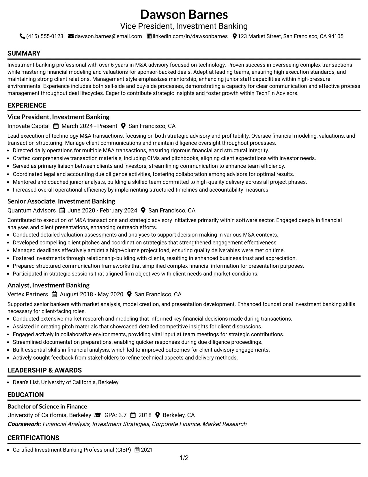 Resume Example Page 1
