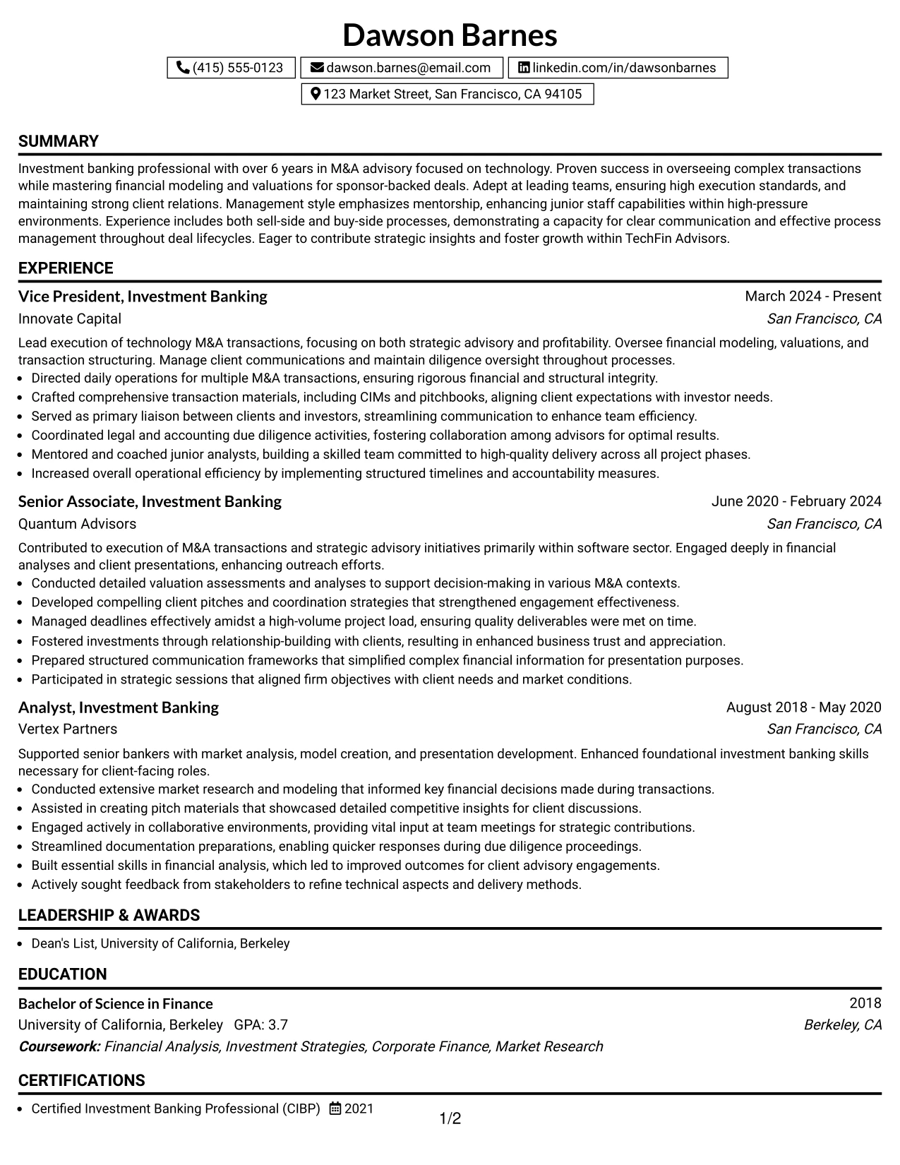 Resume Example Page 1