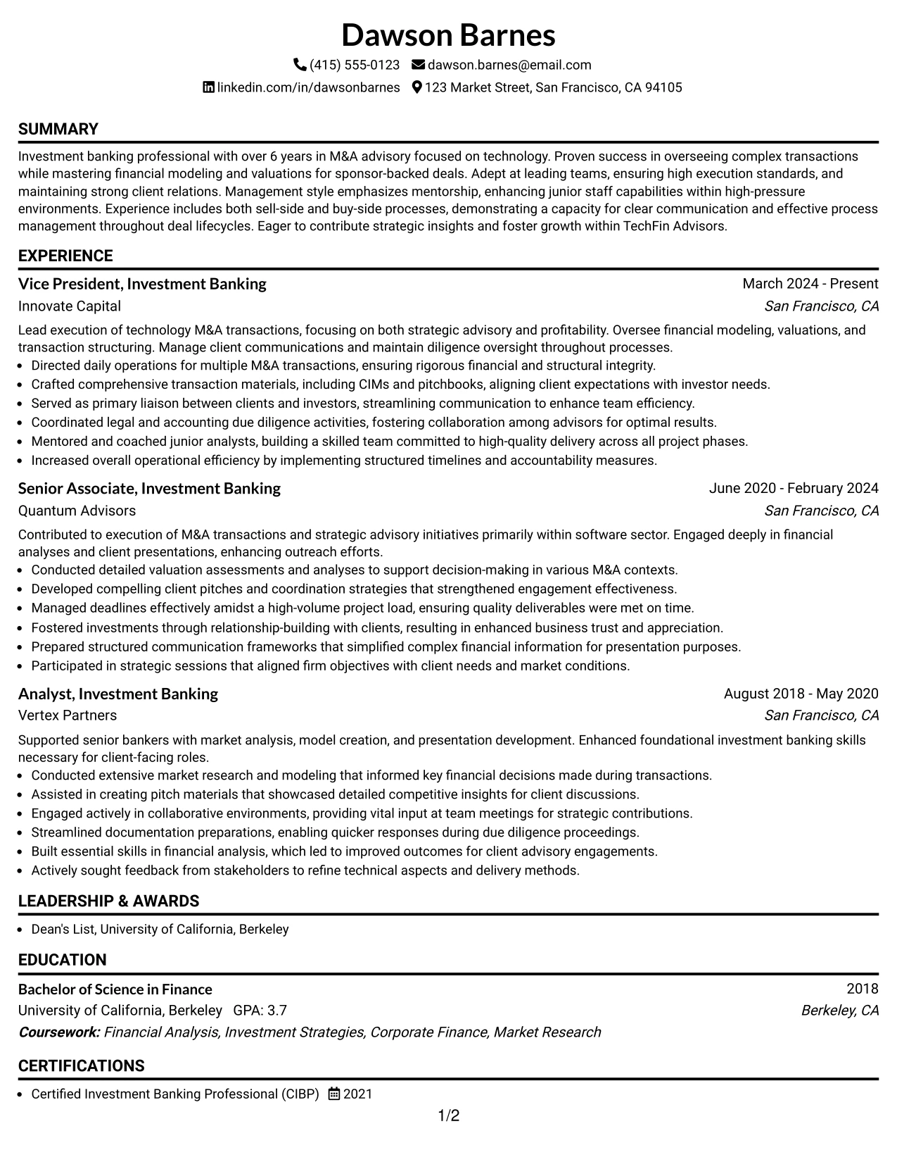Resume Example Page 1