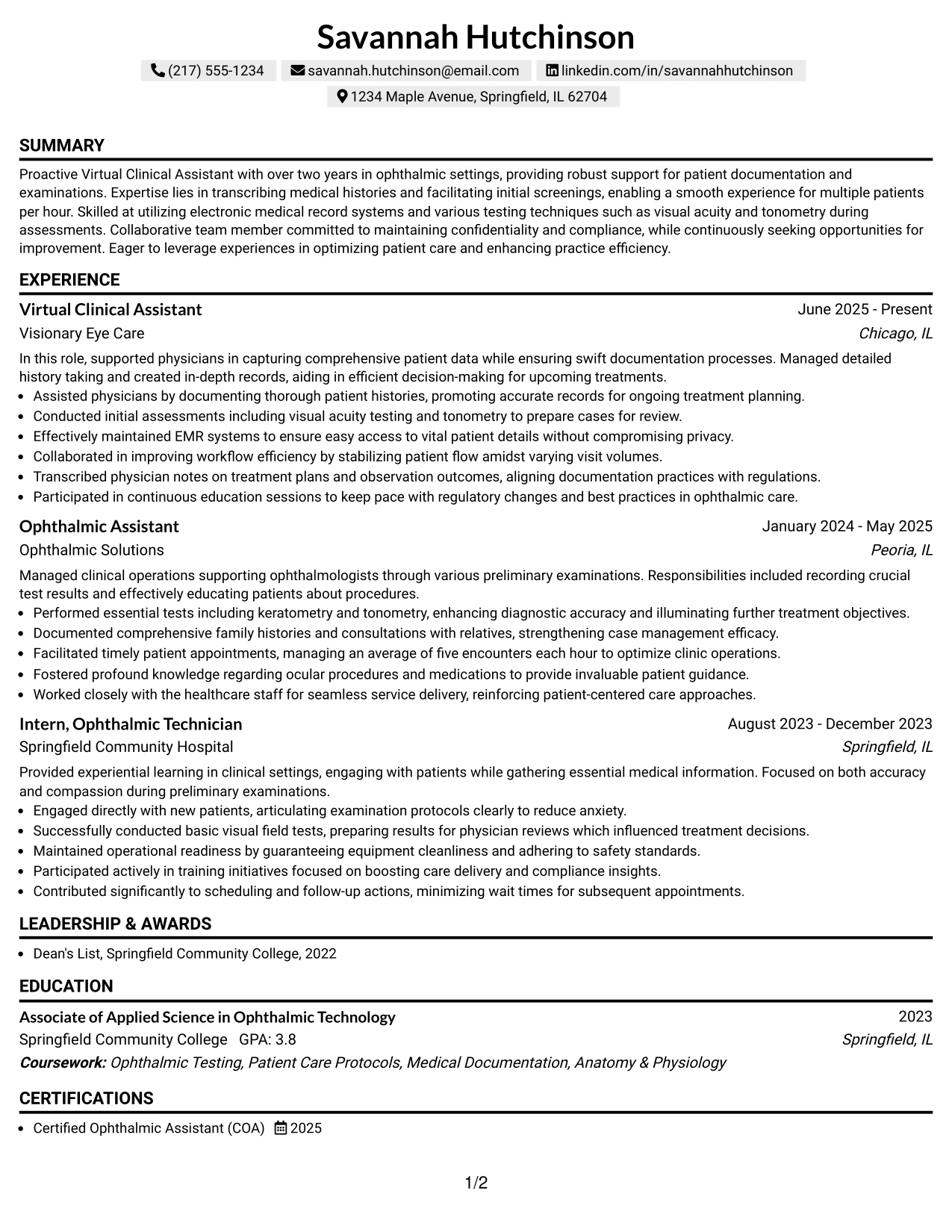 Resume Example Page 1