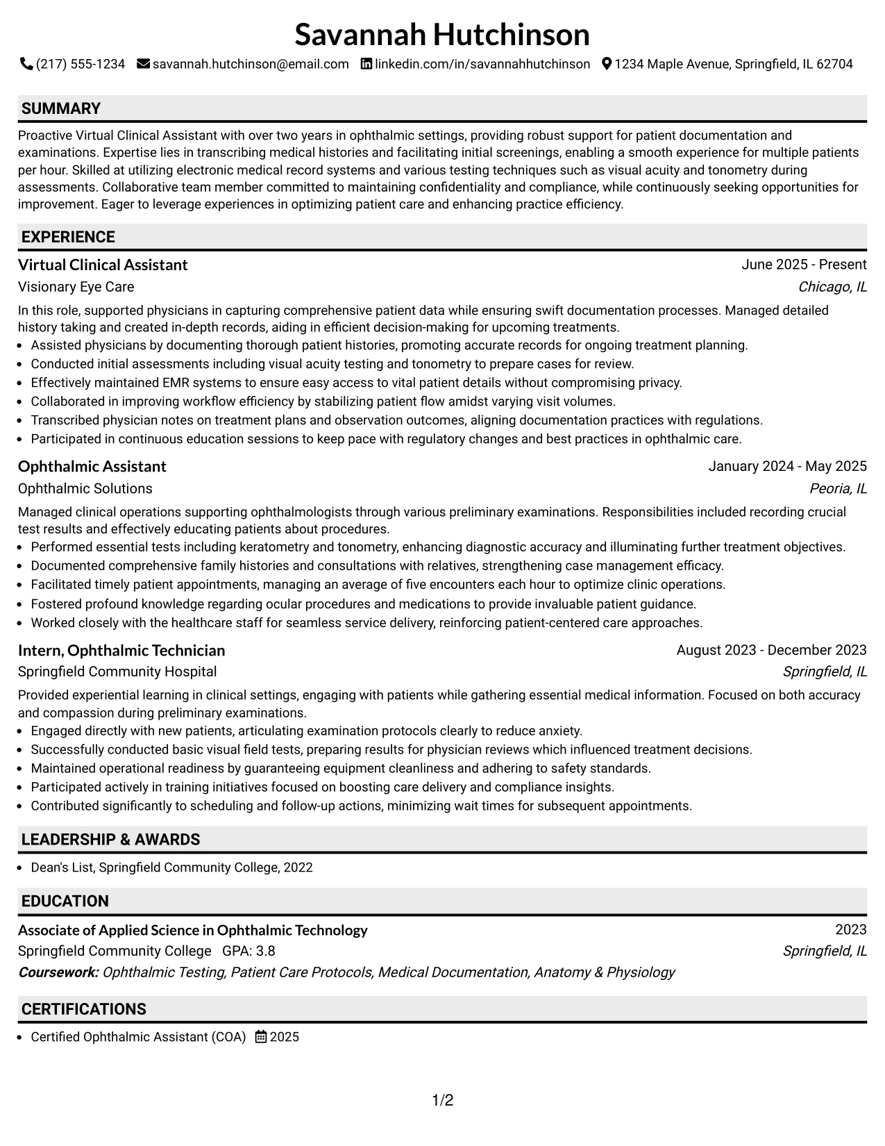 Resume Example Page 1