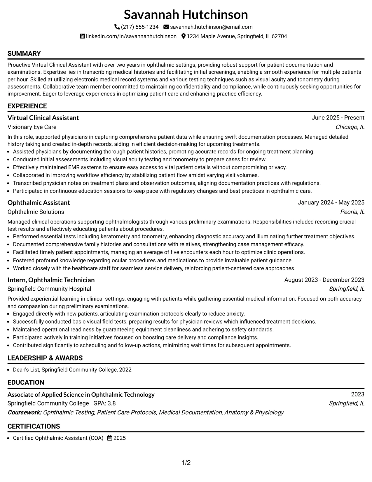 Resume Example Page 1