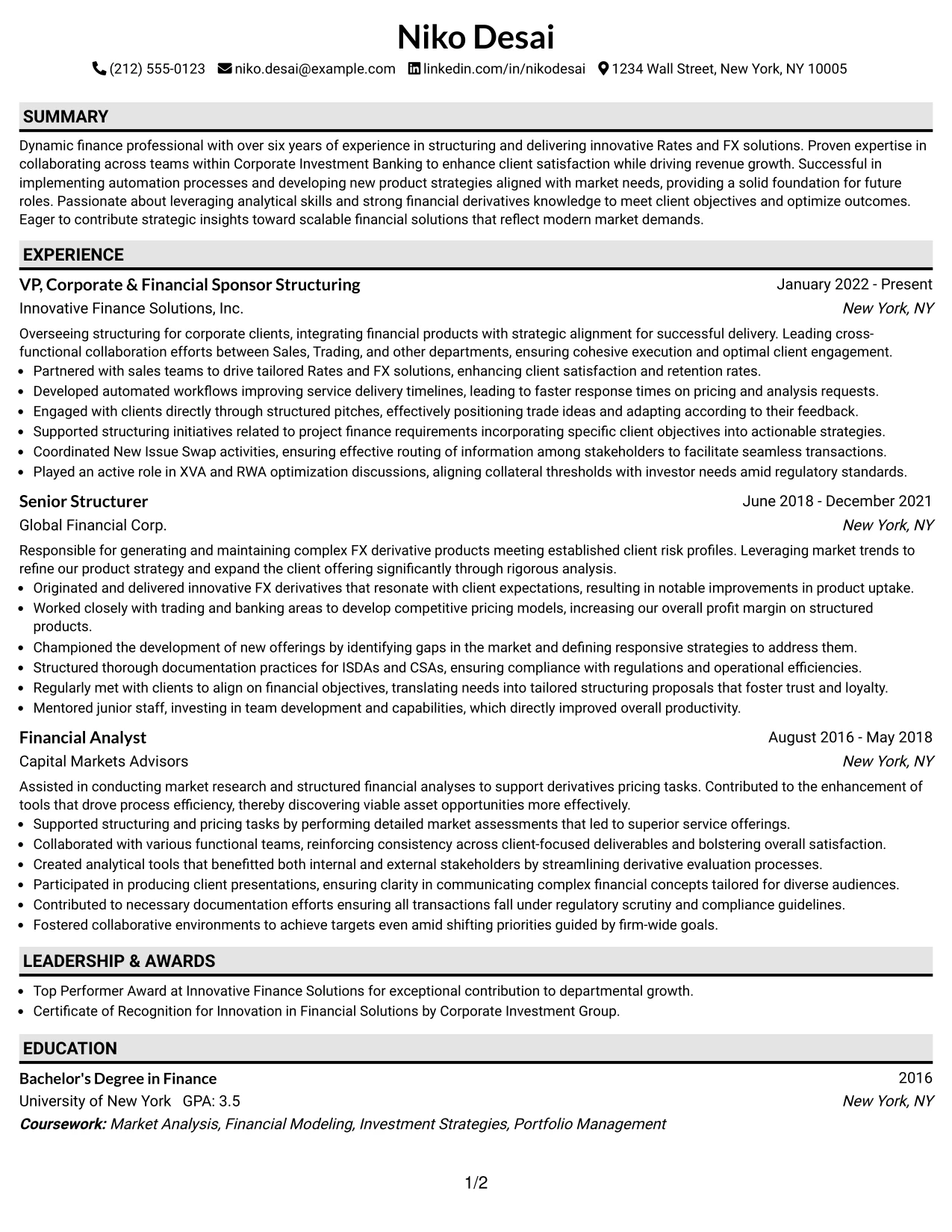 Resume Example Page 1