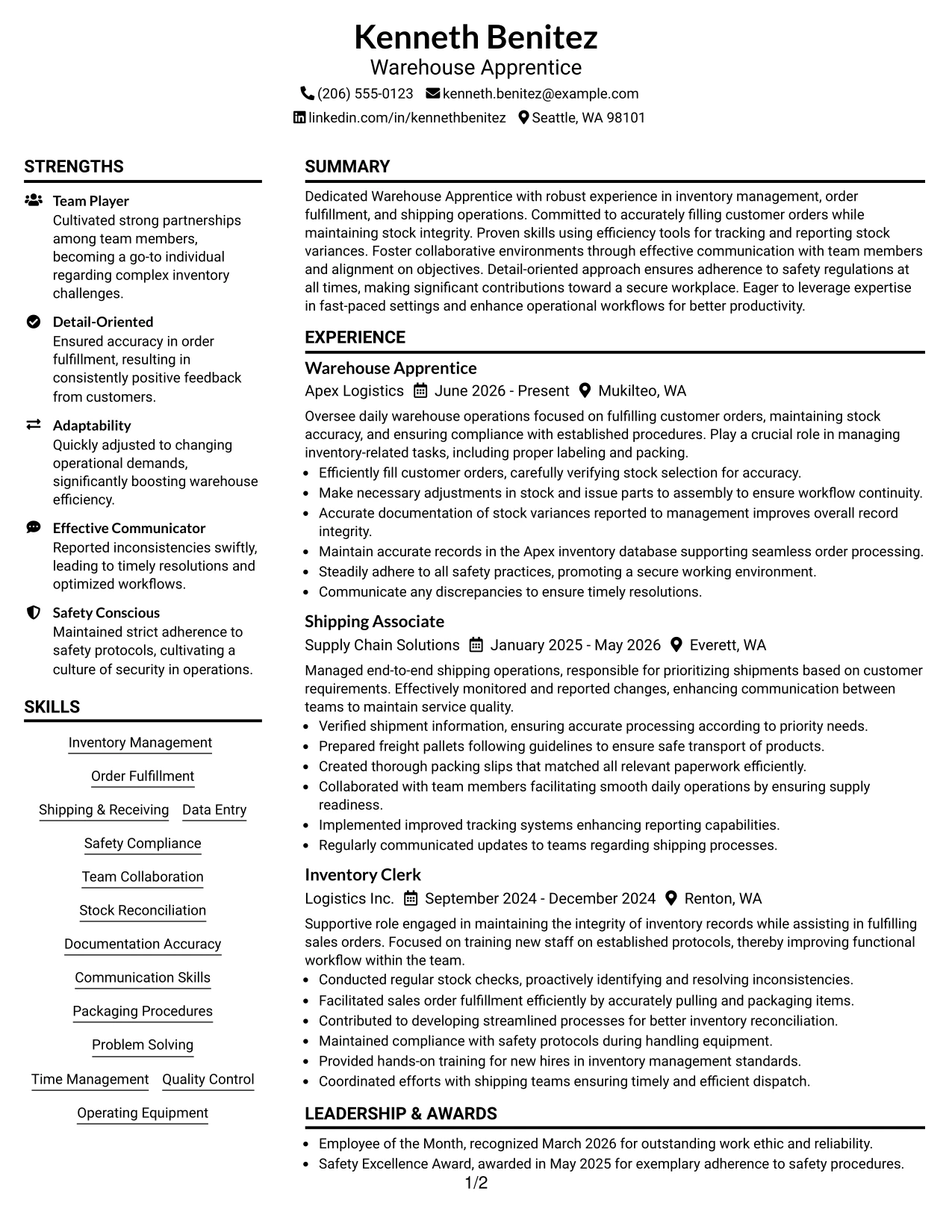 Resume Example Page 1