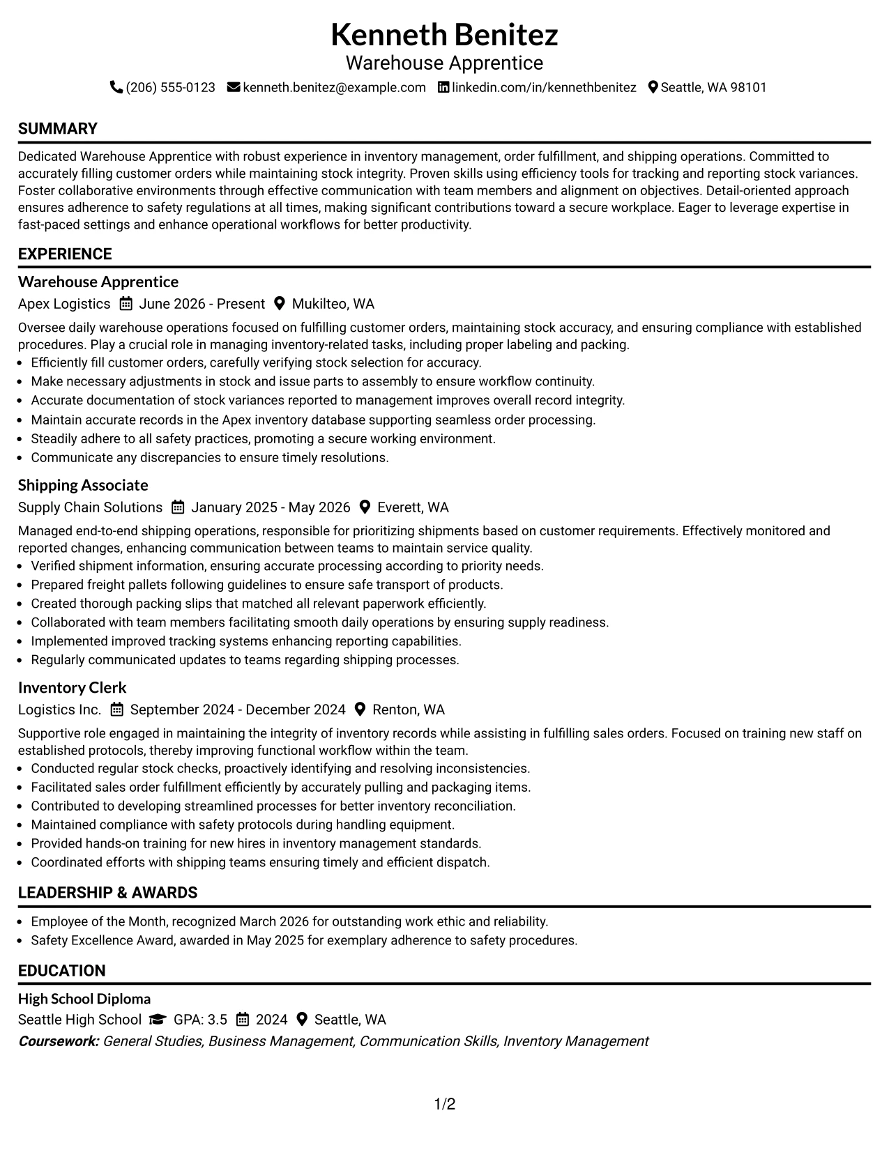 Resume Example Page 1