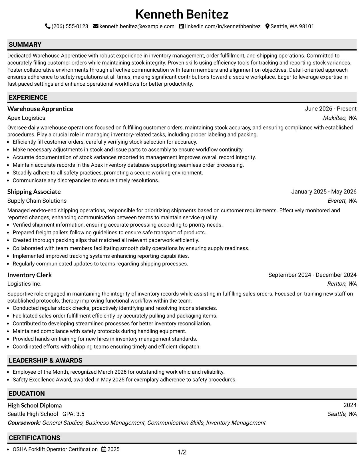 Resume Example Page 1