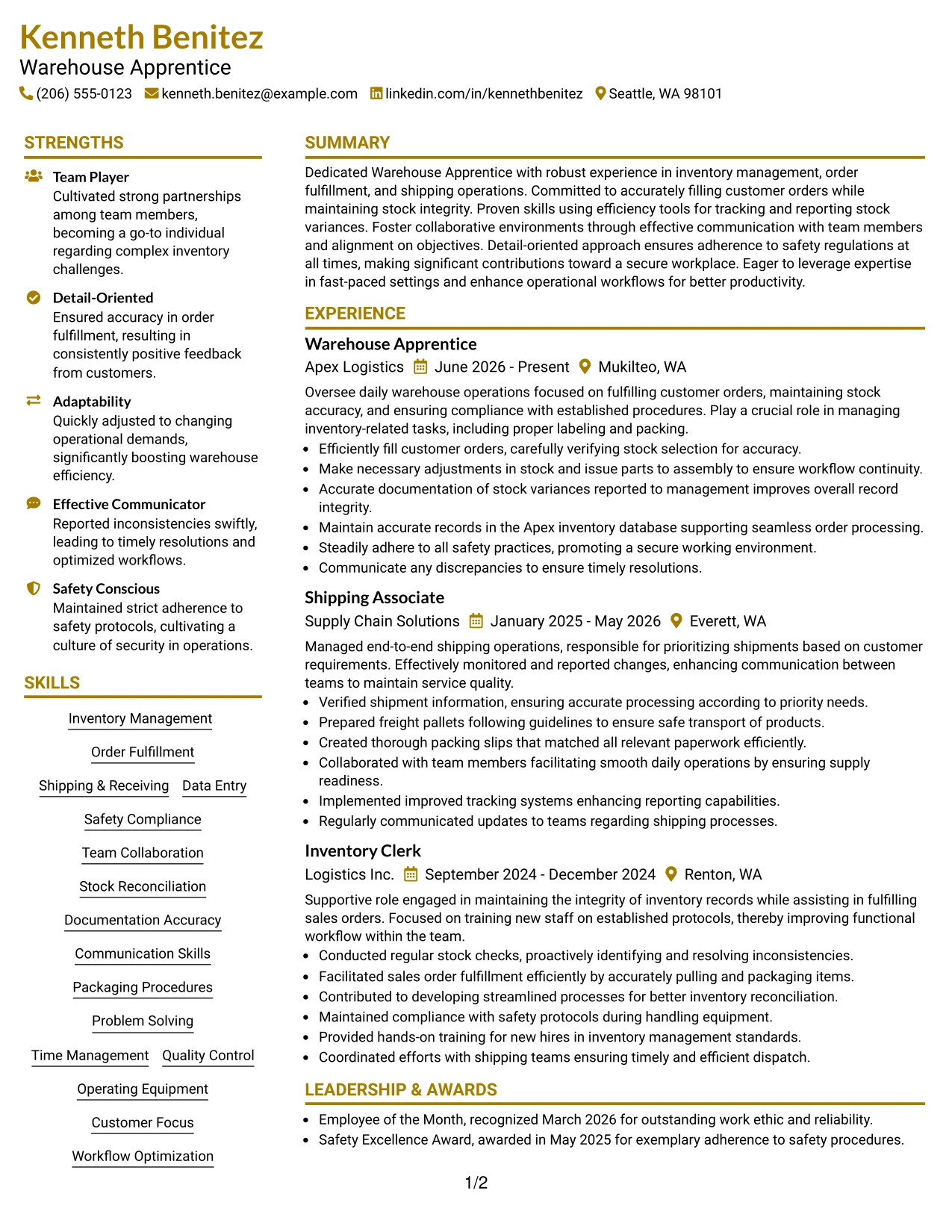 Resume Example Page 1