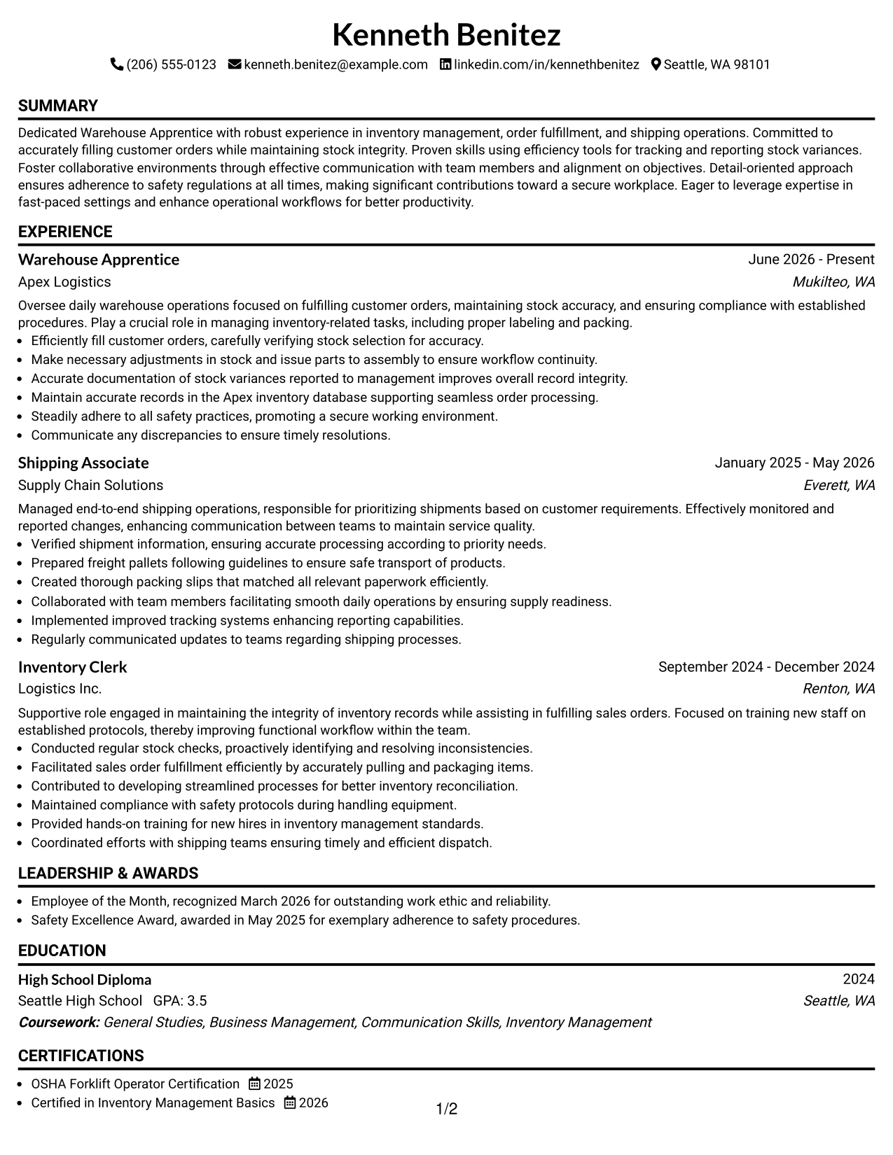 Resume Example Page 1