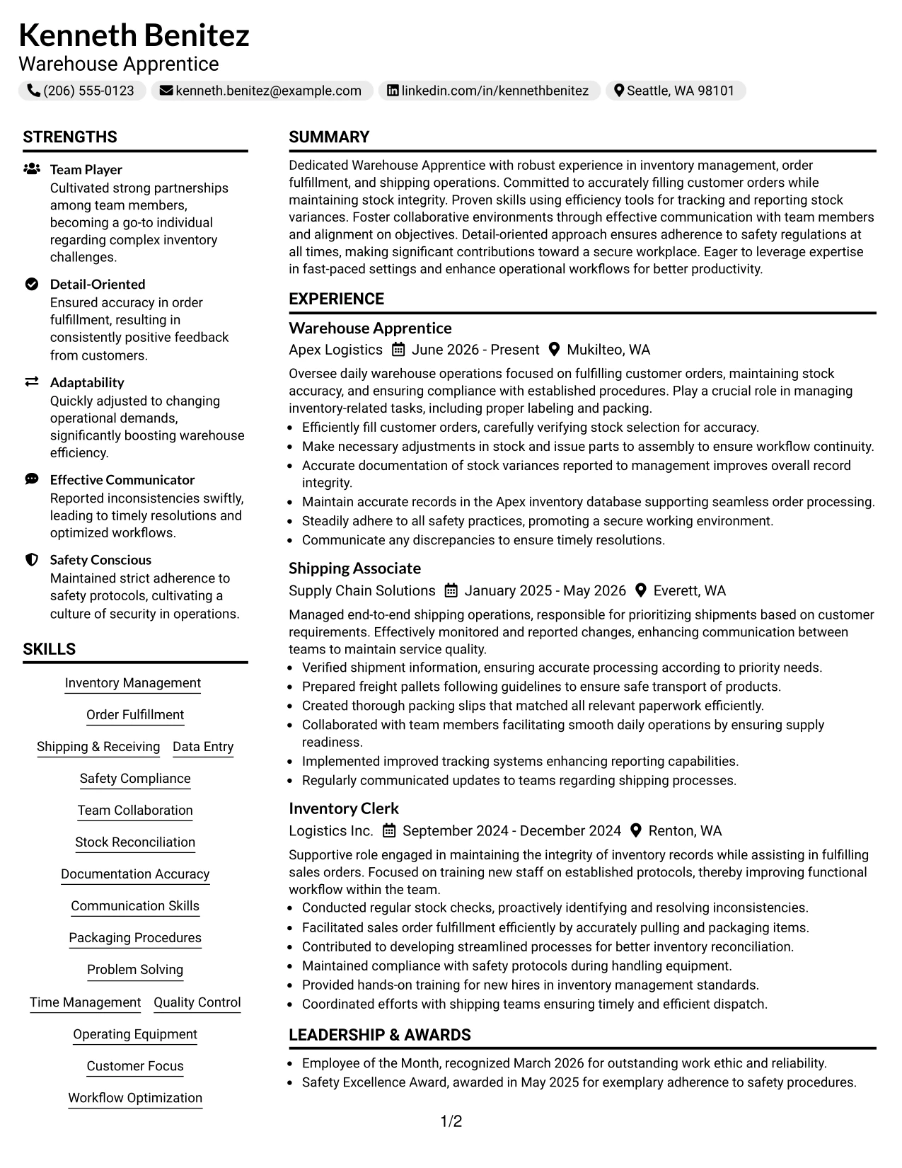 Resume Example Page 1