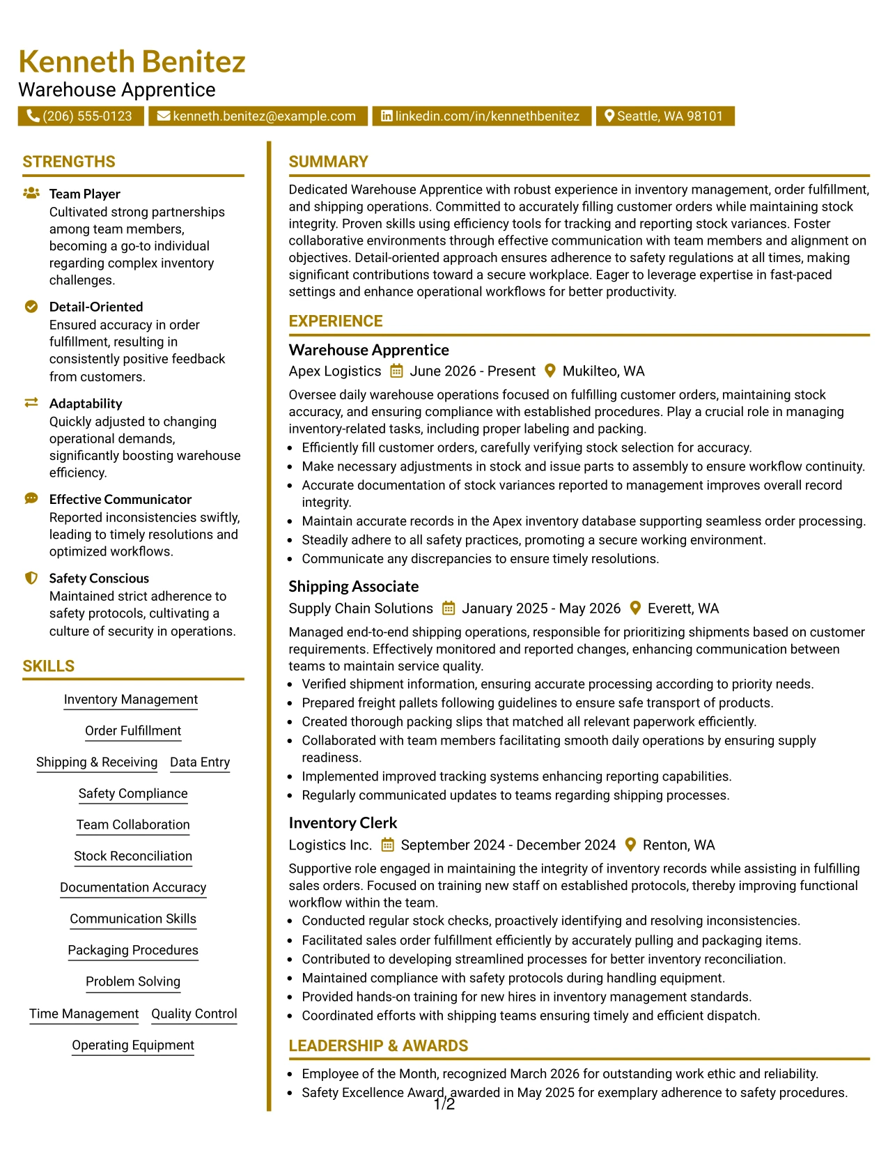 Resume Example Page 1