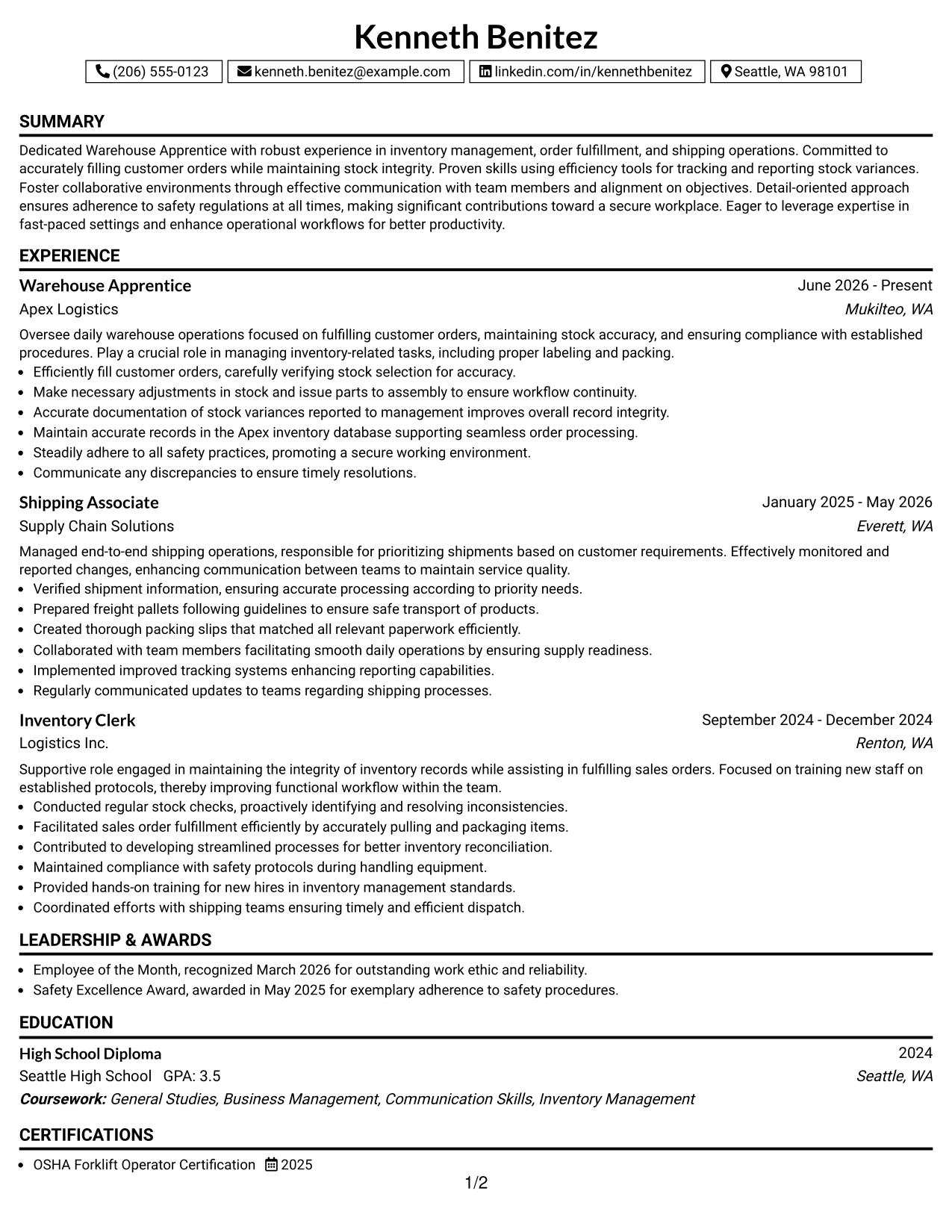Resume Example Page 1