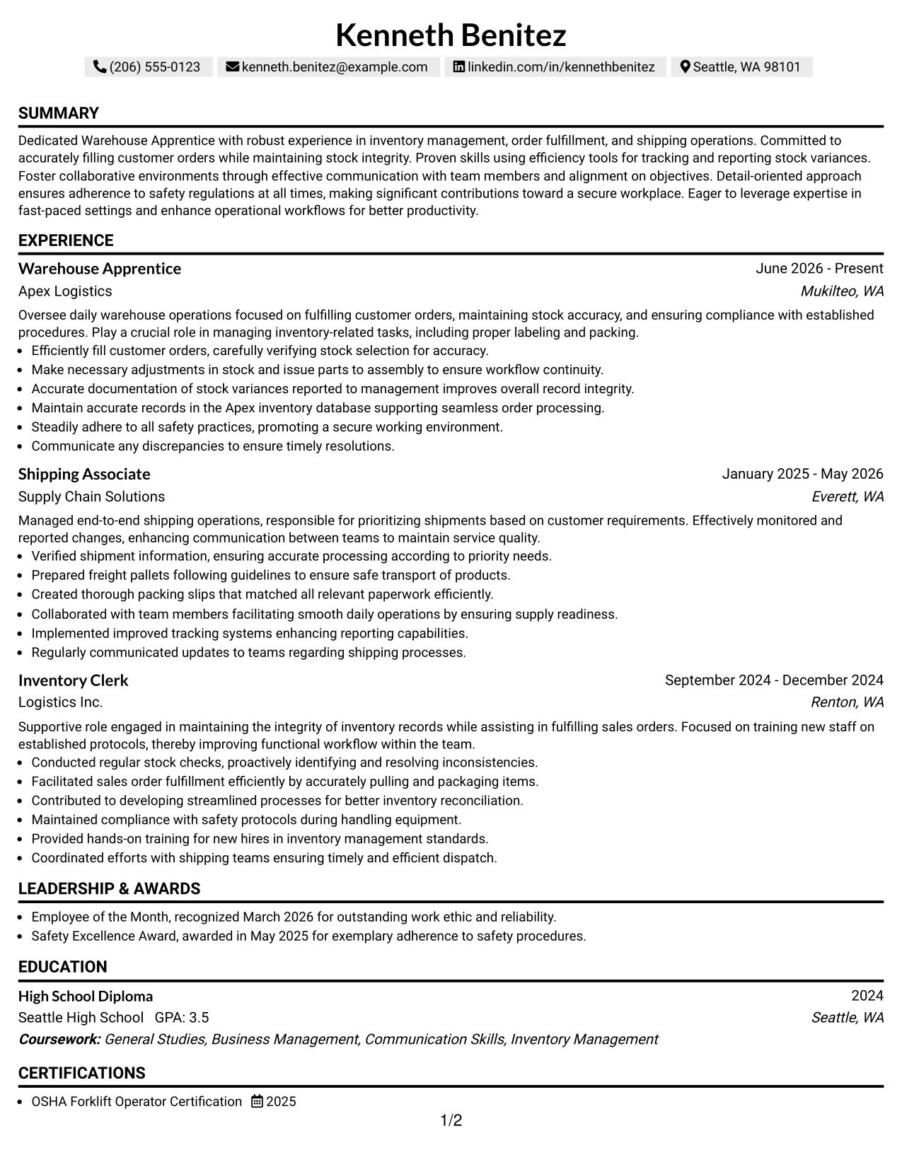 Resume Example Page 1