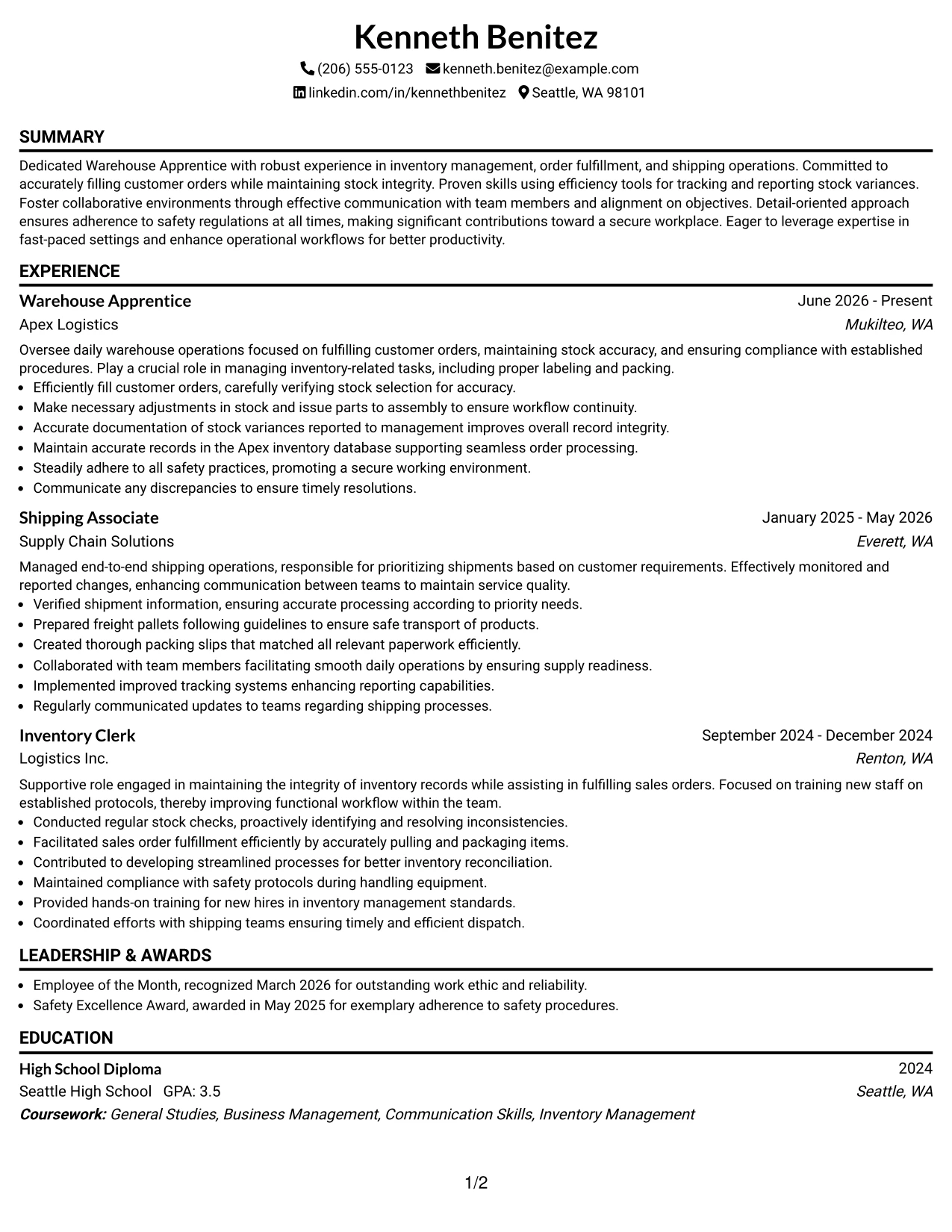 Resume Example Page 1