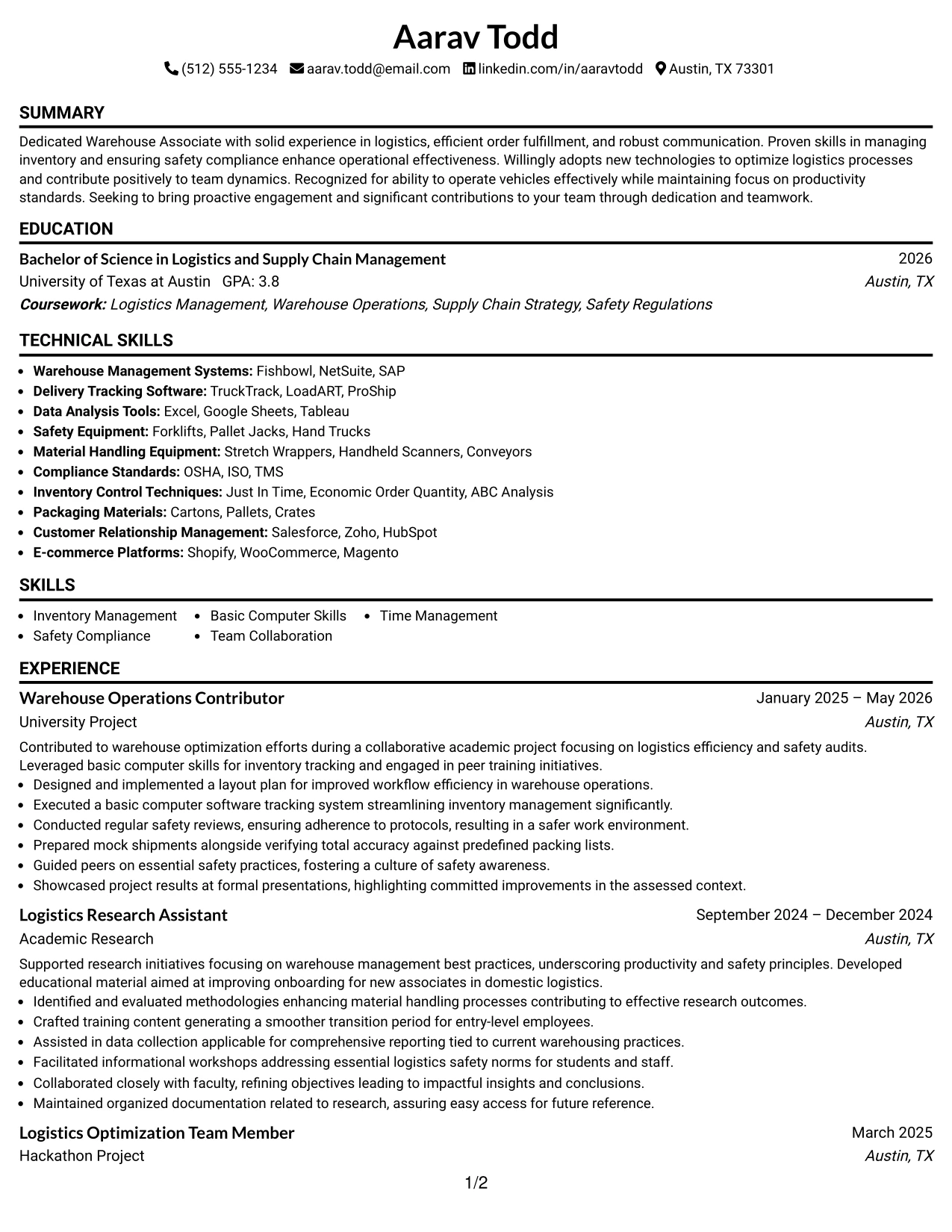 Resume Example Page 1