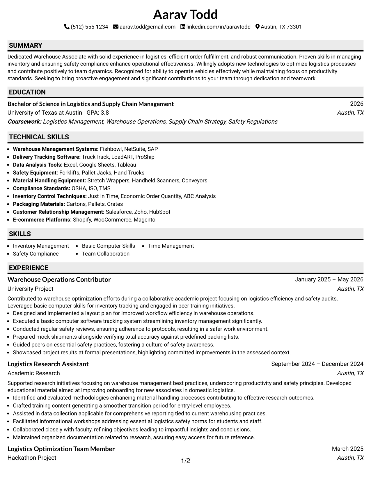 Resume Example Page 1