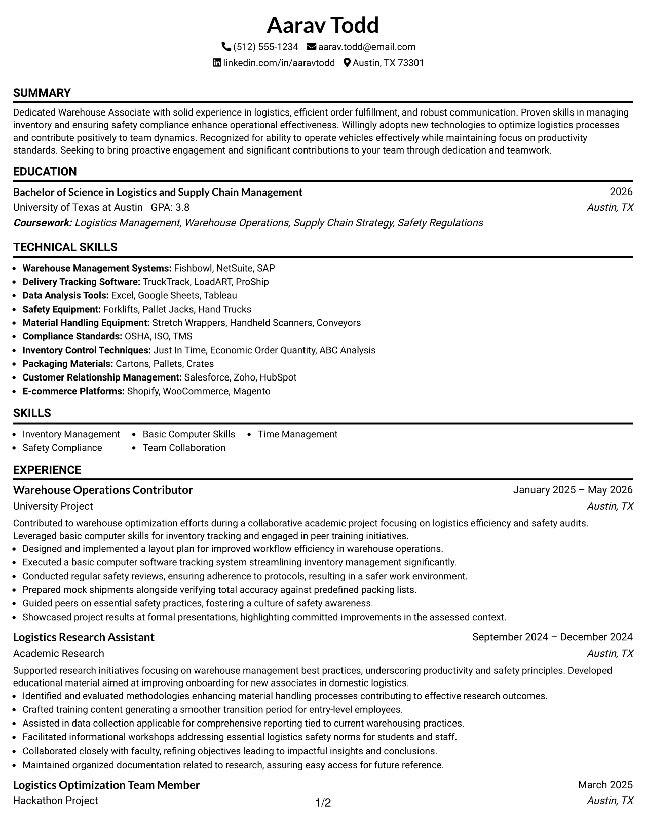 Resume Example Page 1
