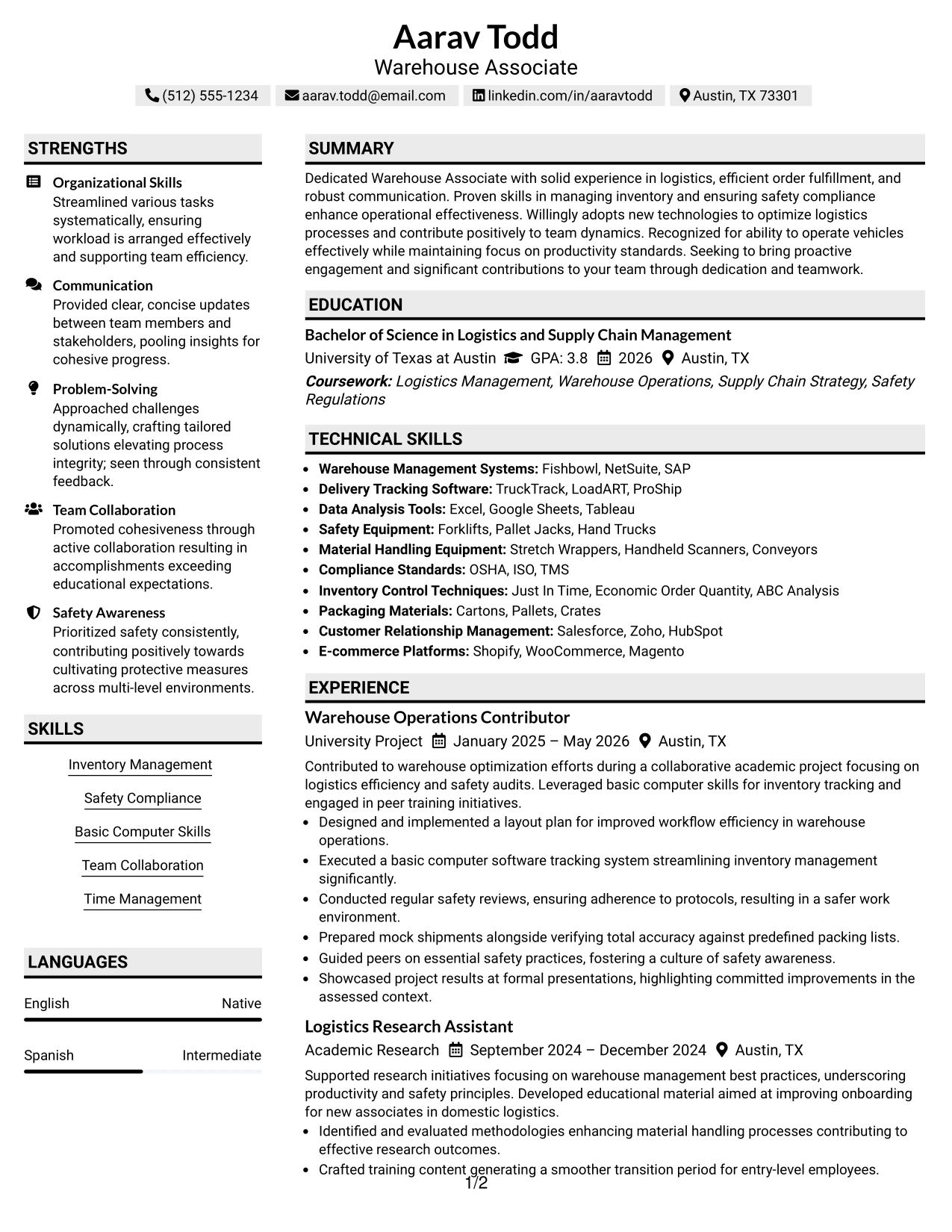 Resume Example Page 1
