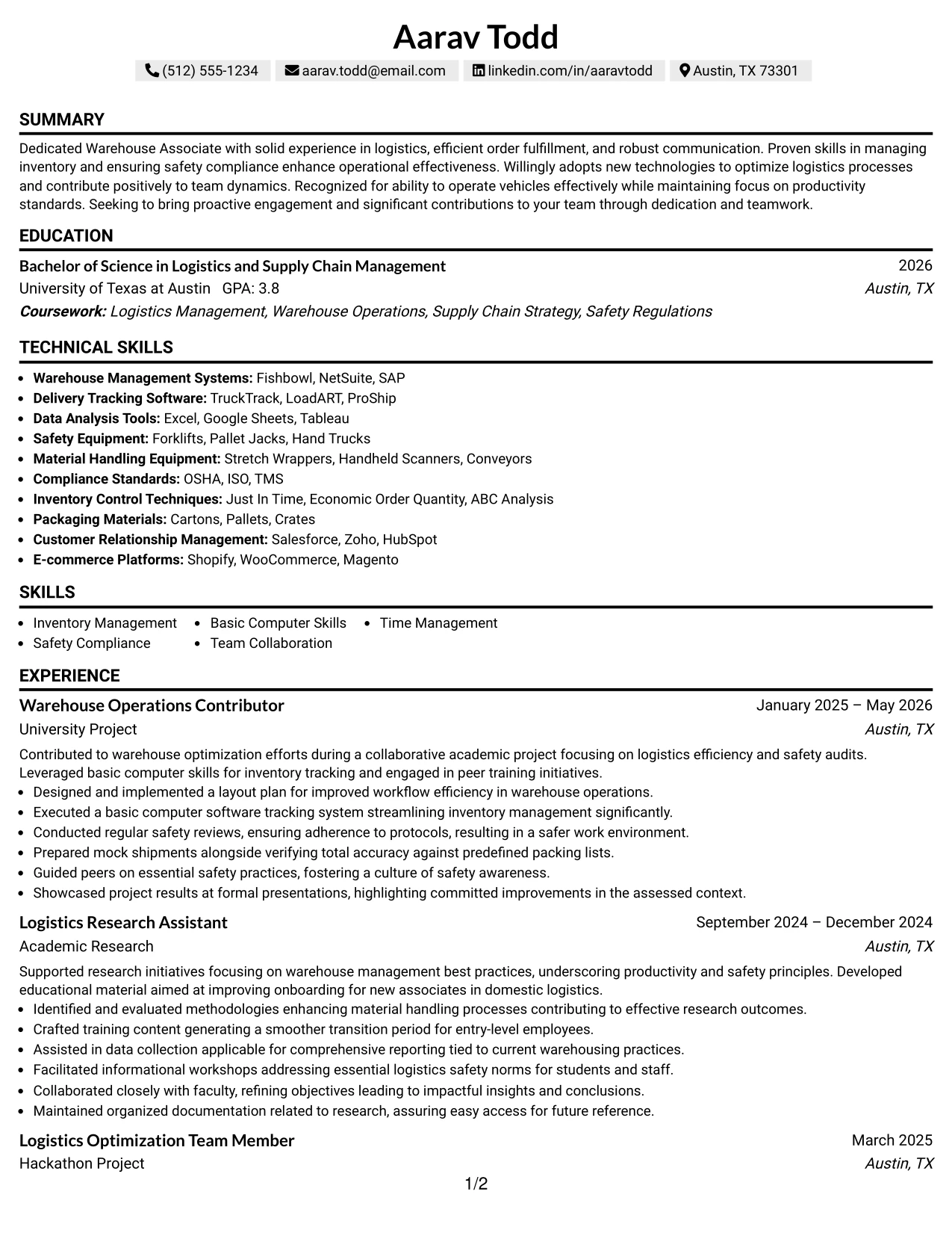 Resume Example Page 1