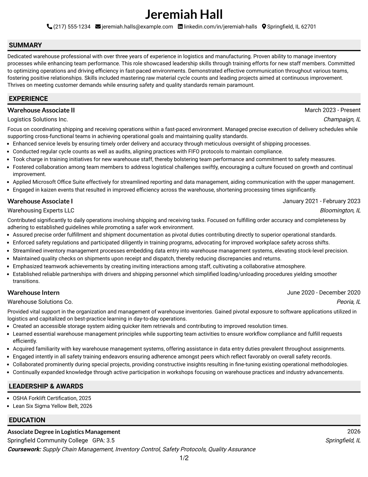 Resume Example Page 1
