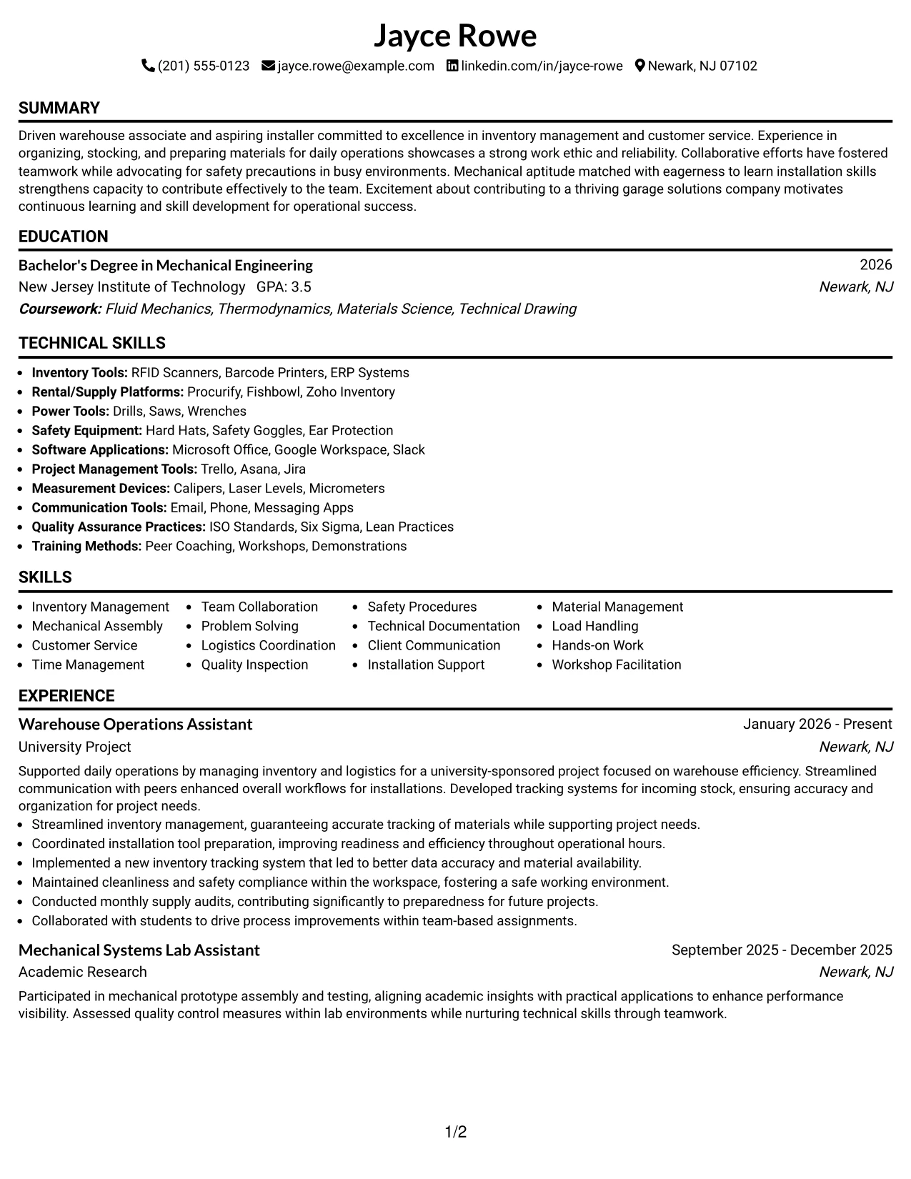 Resume Example Page 1