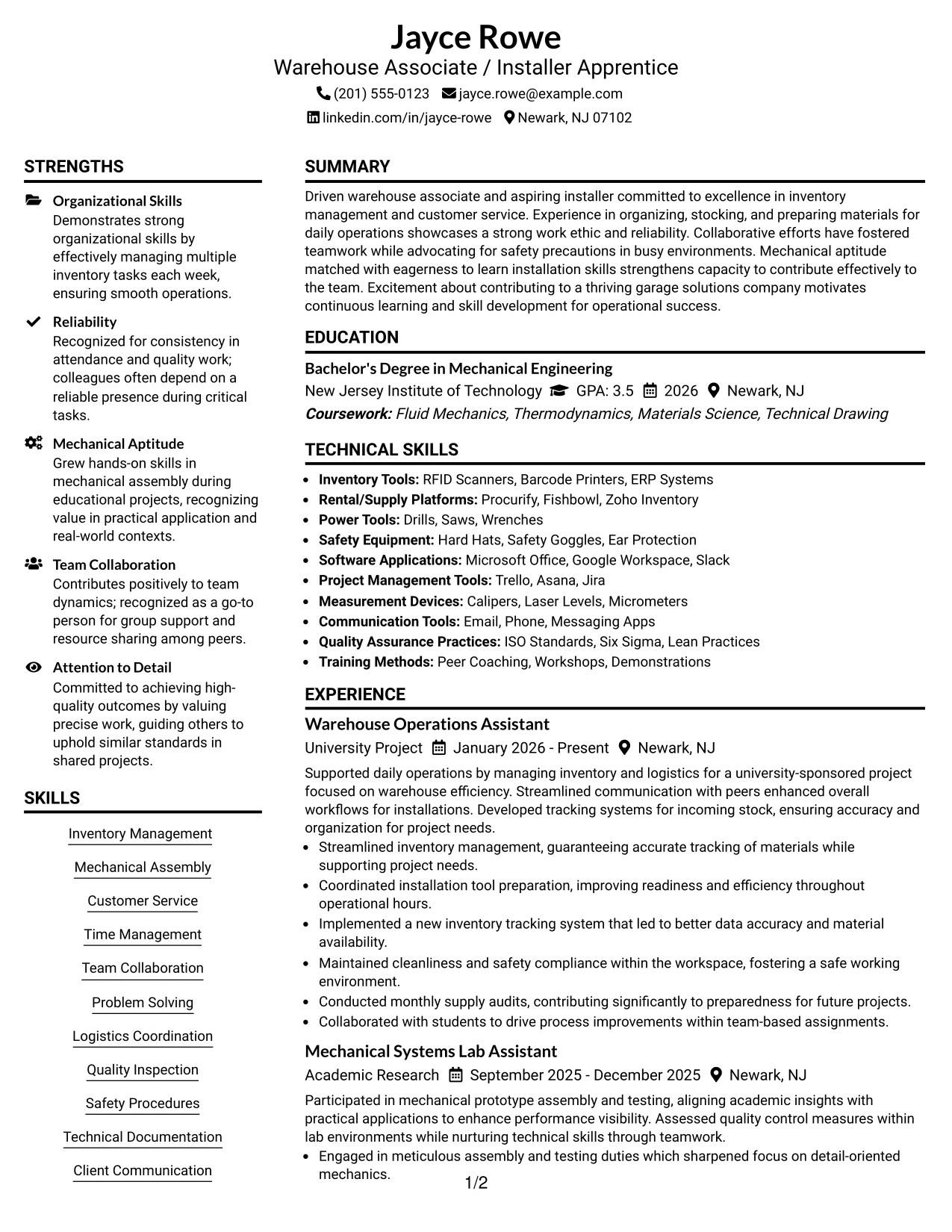 Resume Example Page 1