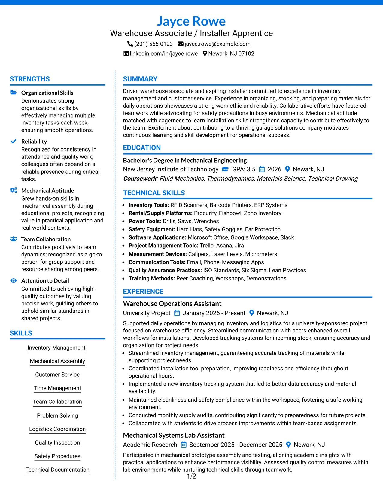 Resume Example Page 1