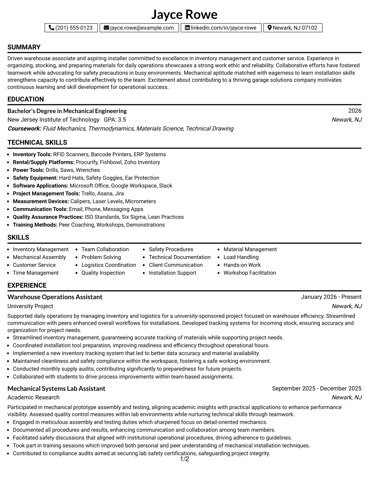 Resume Example Page 1