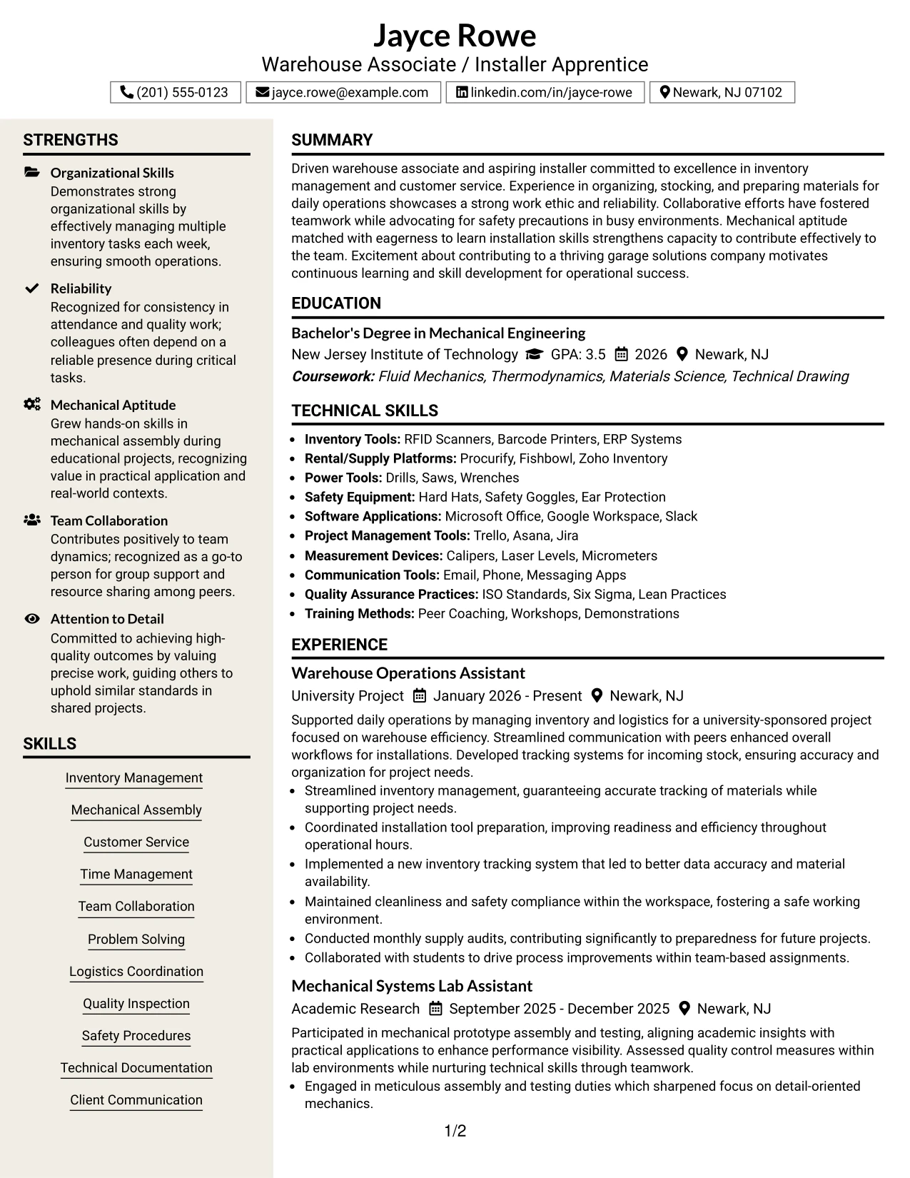 Resume Example Page 1