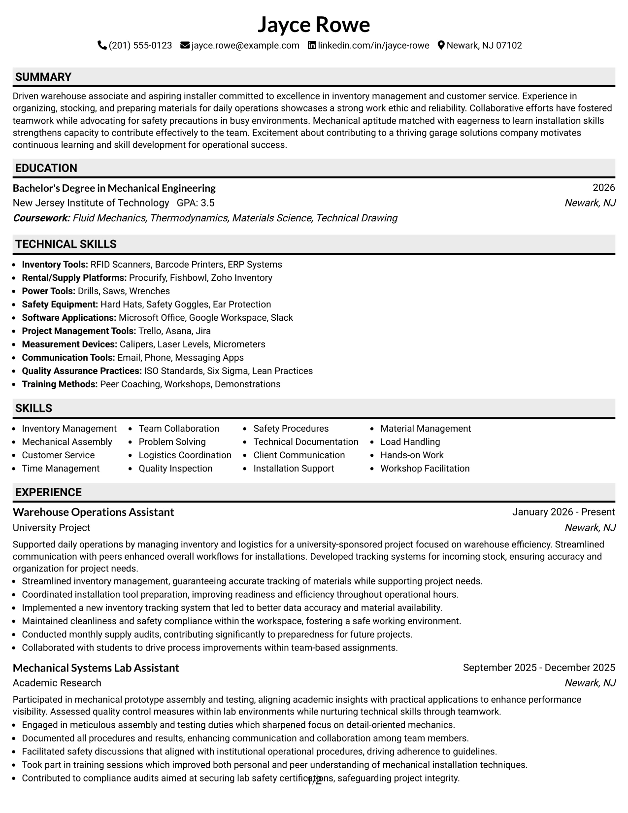 Resume Example Page 1