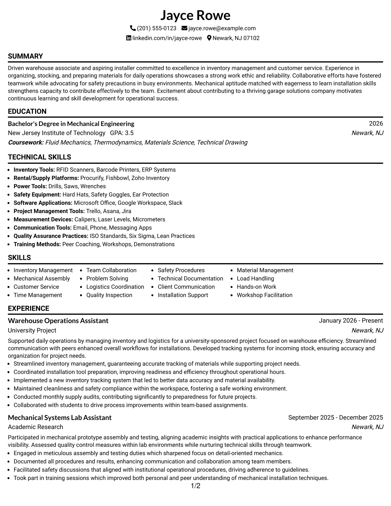 Resume Example Page 1
