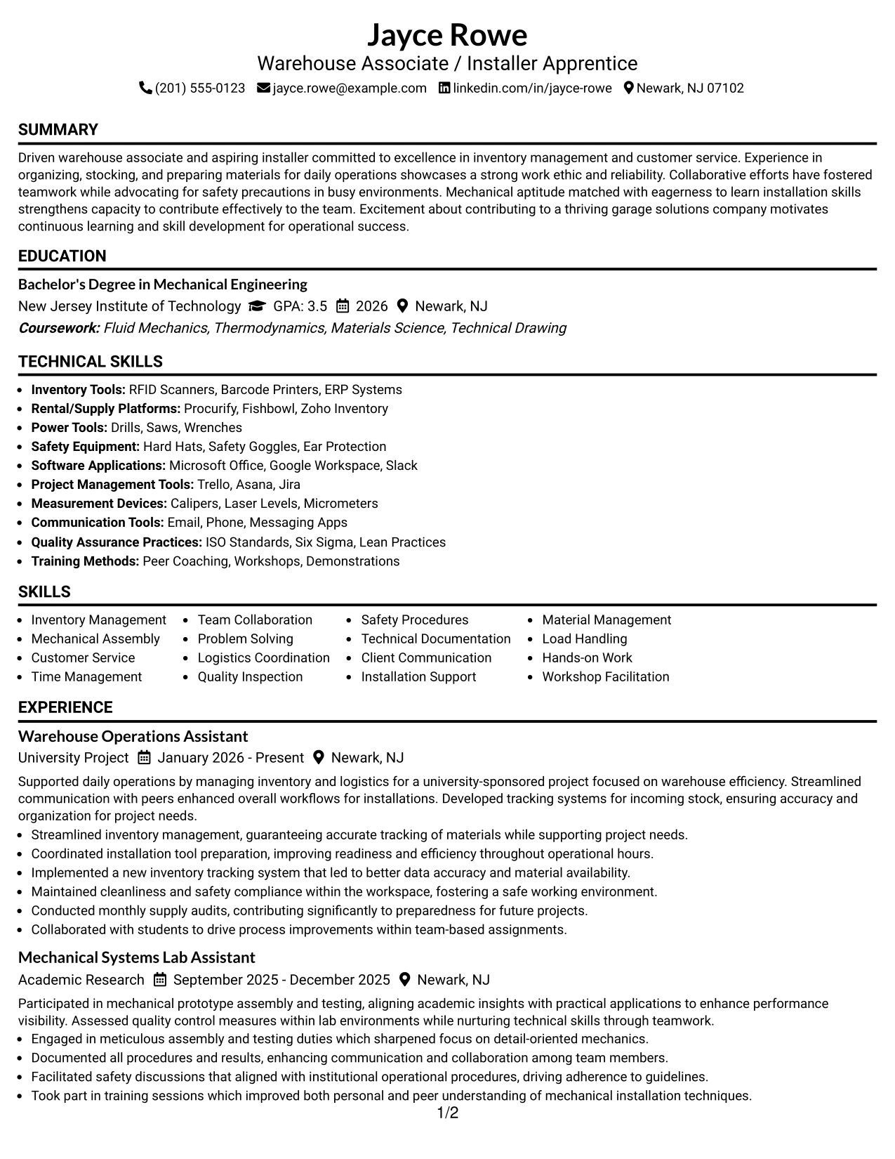 Resume Example Page 1
