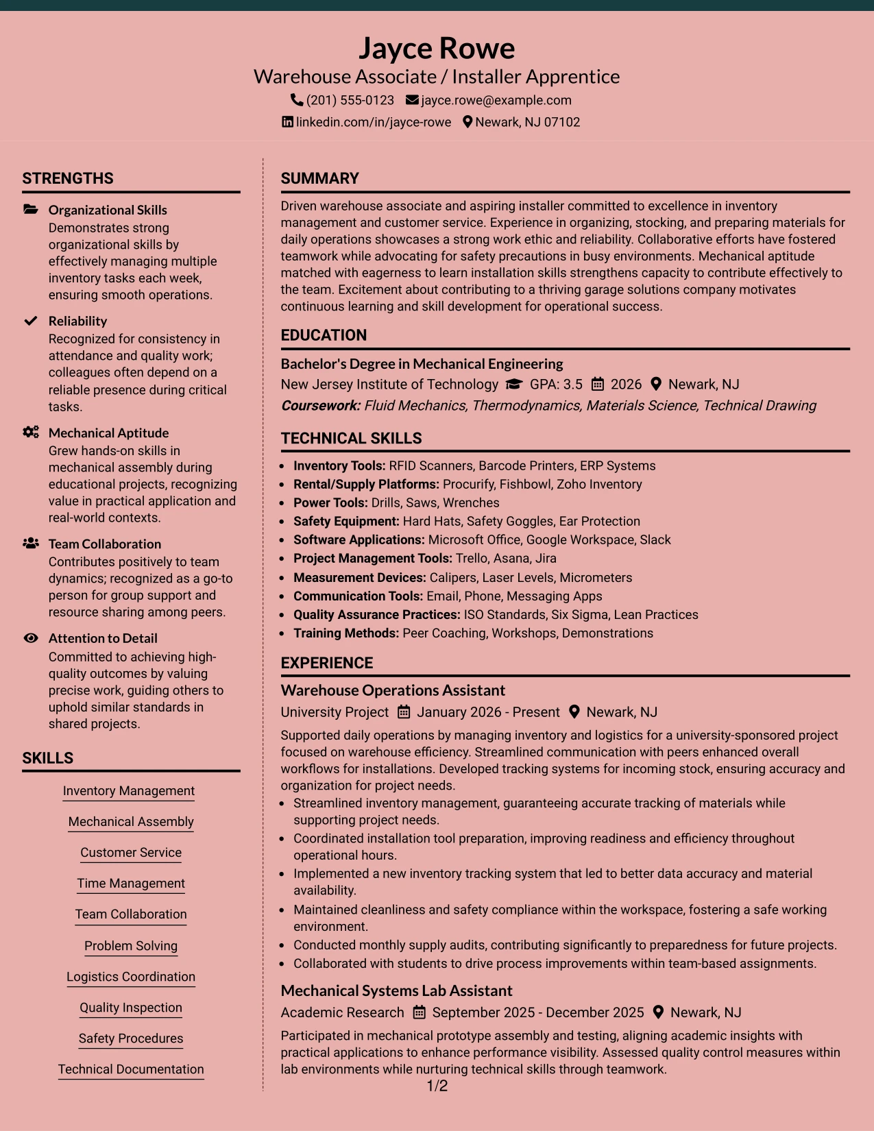 Resume Example Page 1