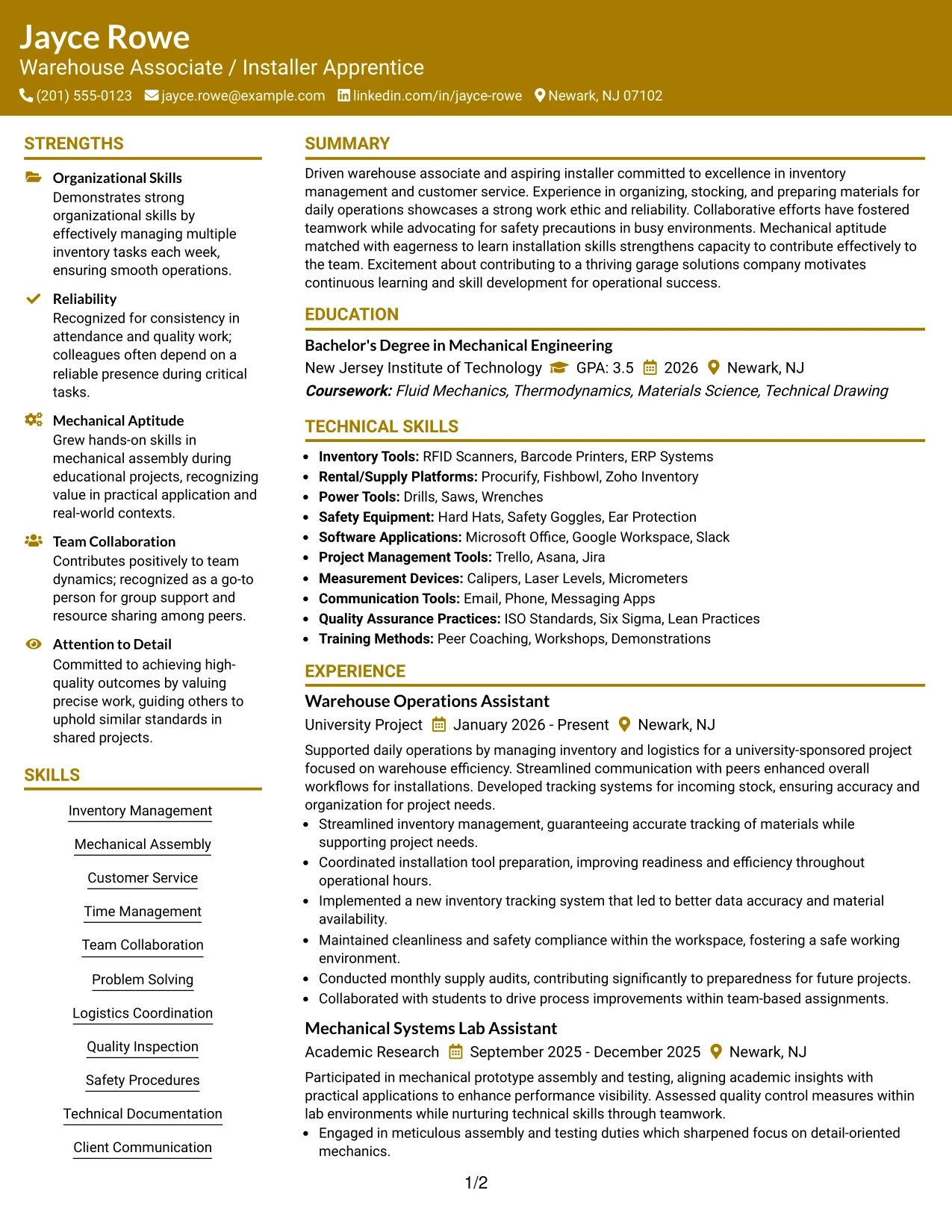 Resume Example Page 1
