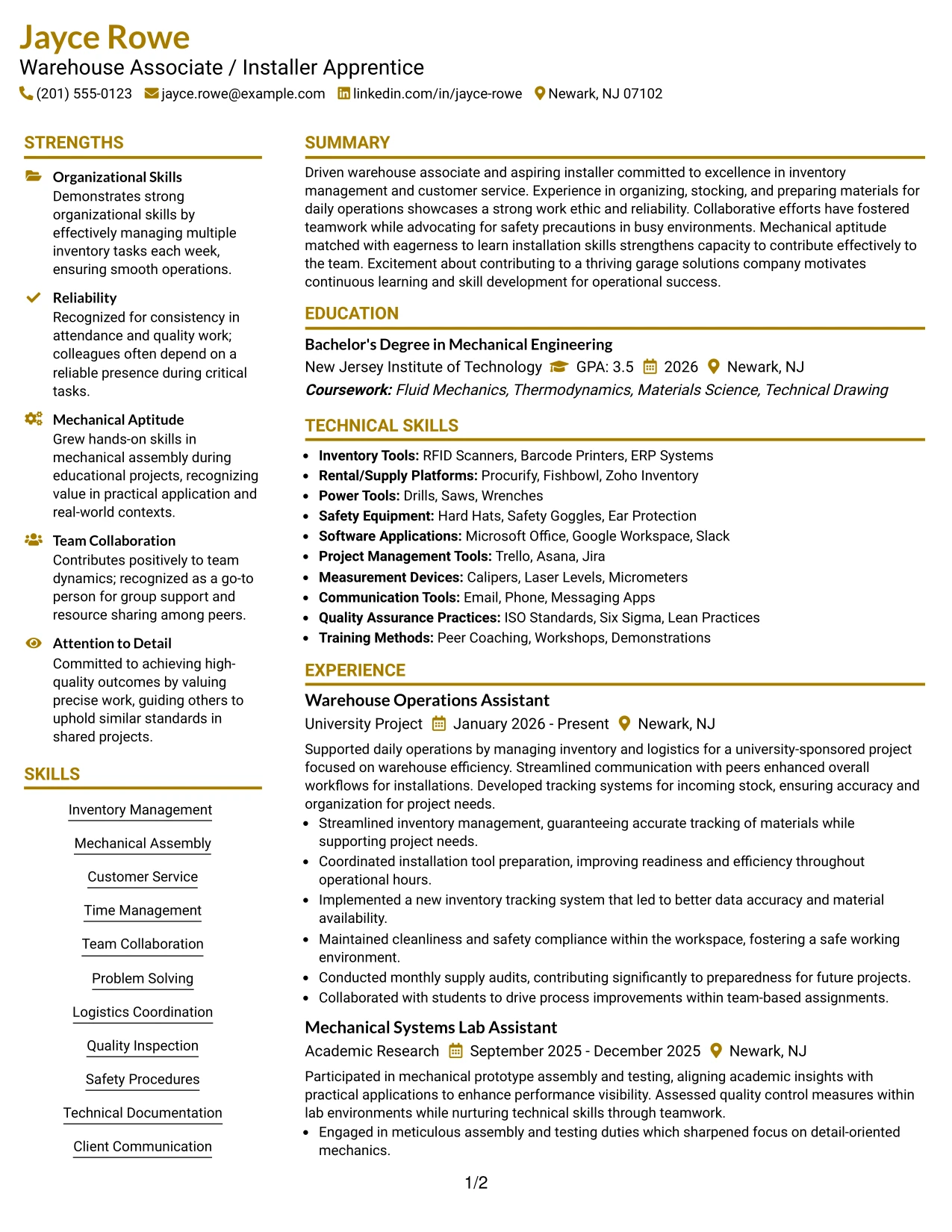 Resume Example Page 1