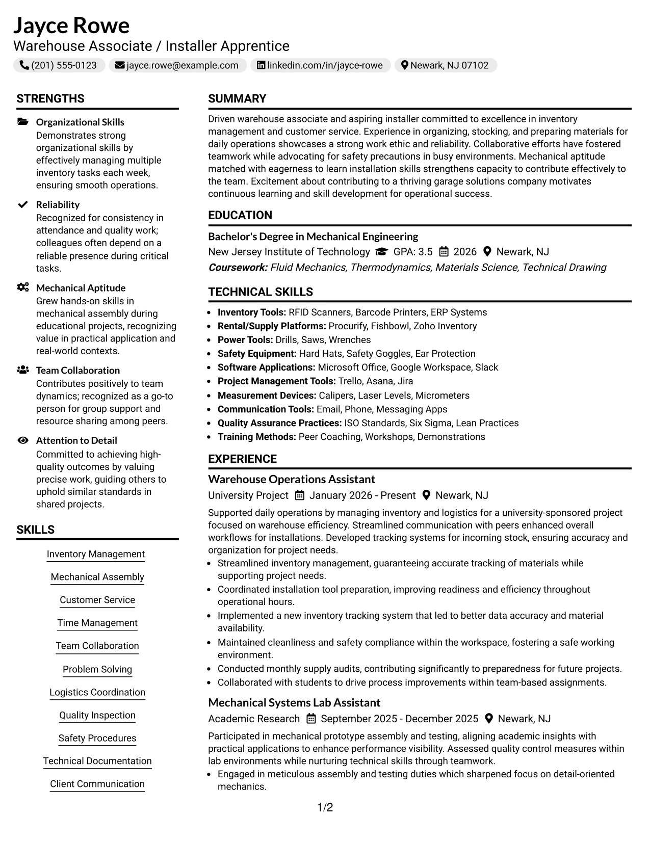 Resume Example Page 1