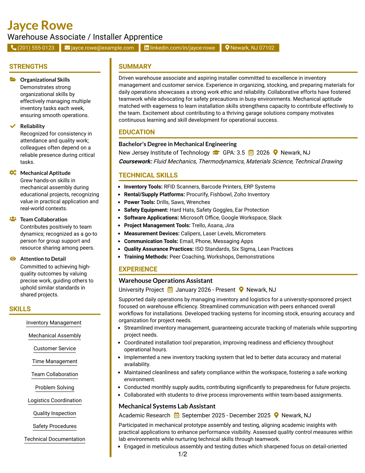 Resume Example Page 1