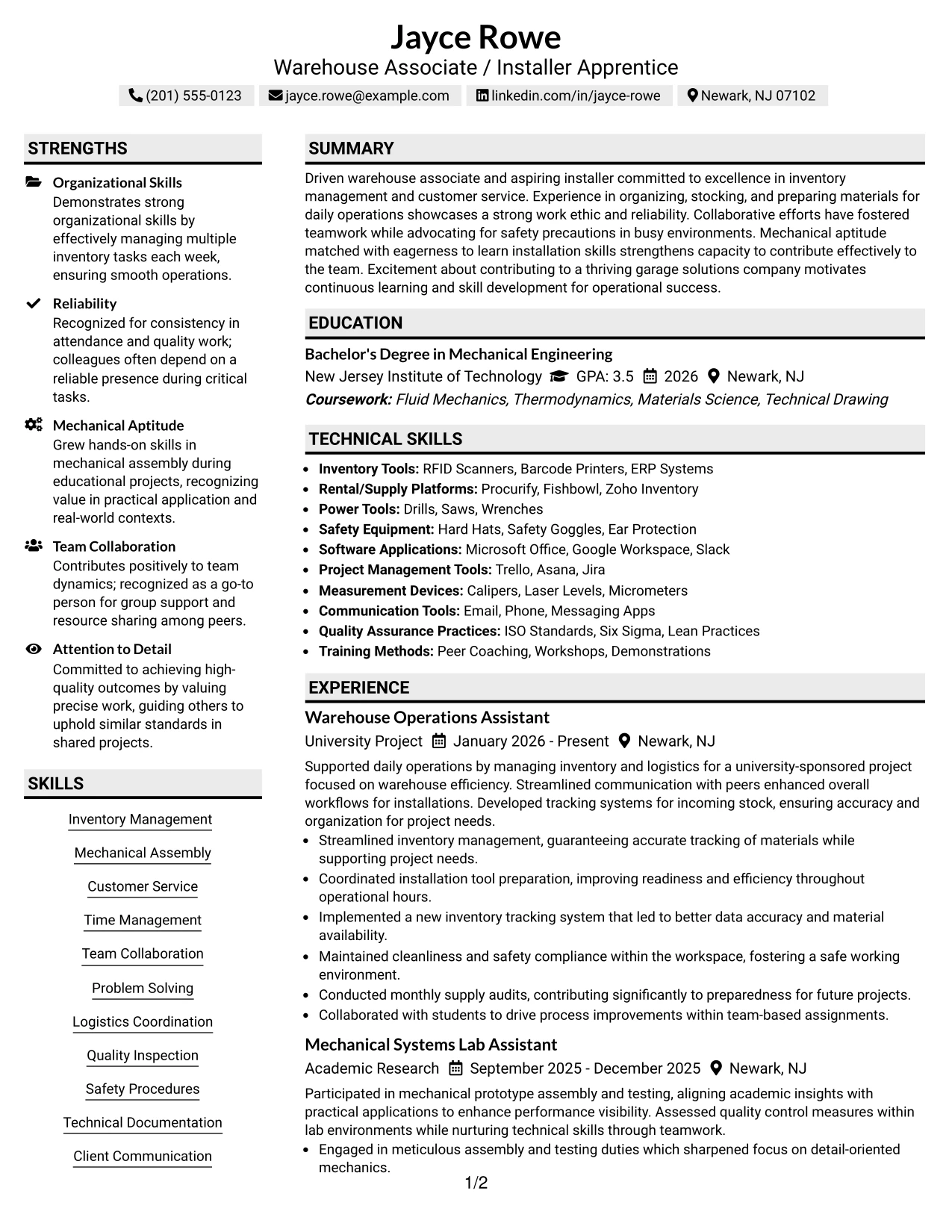 Resume Example Page 1