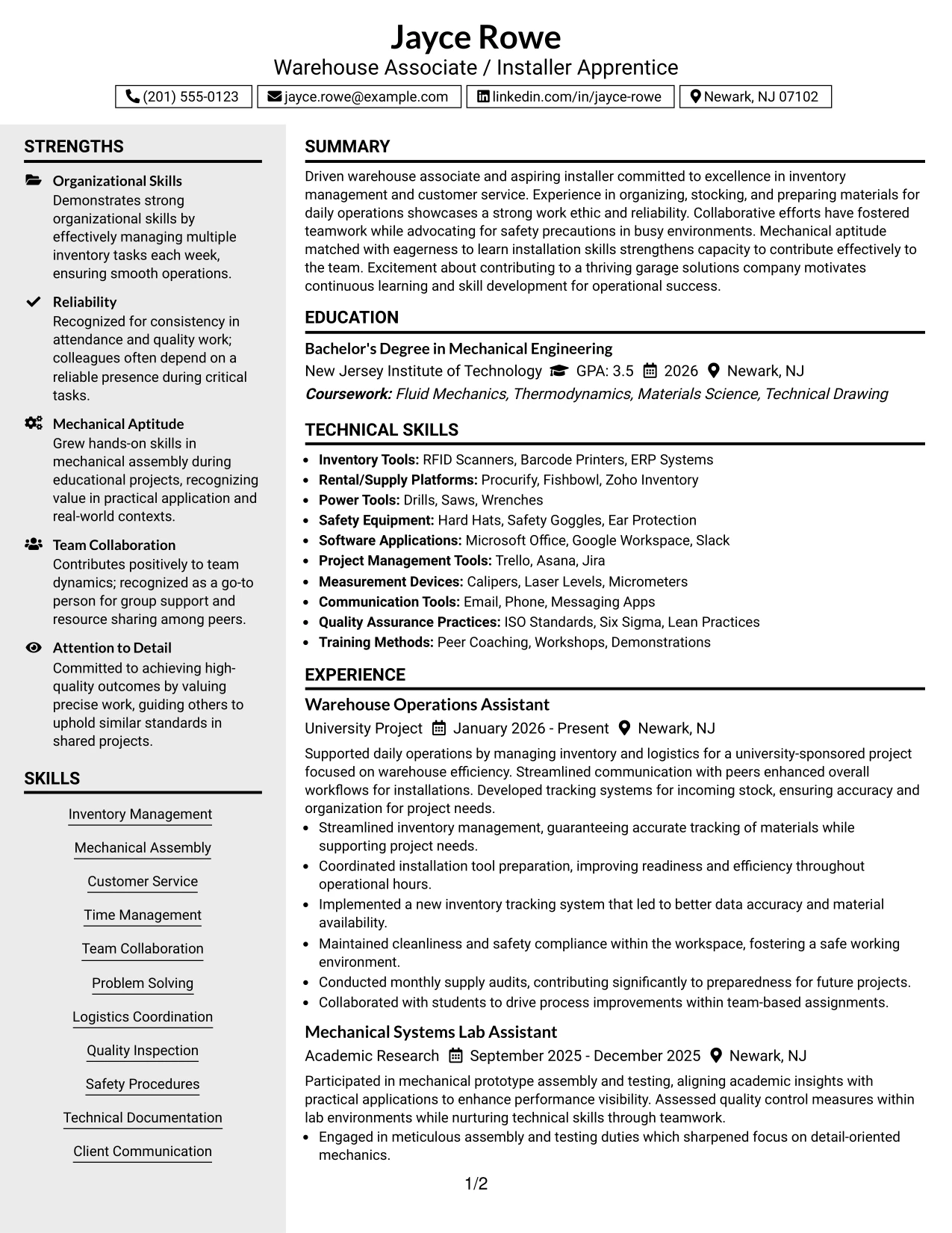 Resume Example Page 1