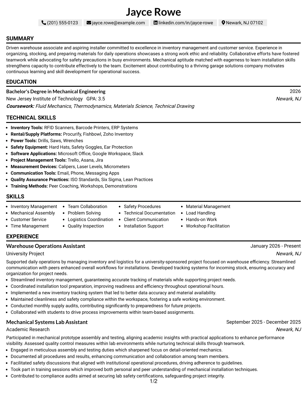 Resume Example Page 1