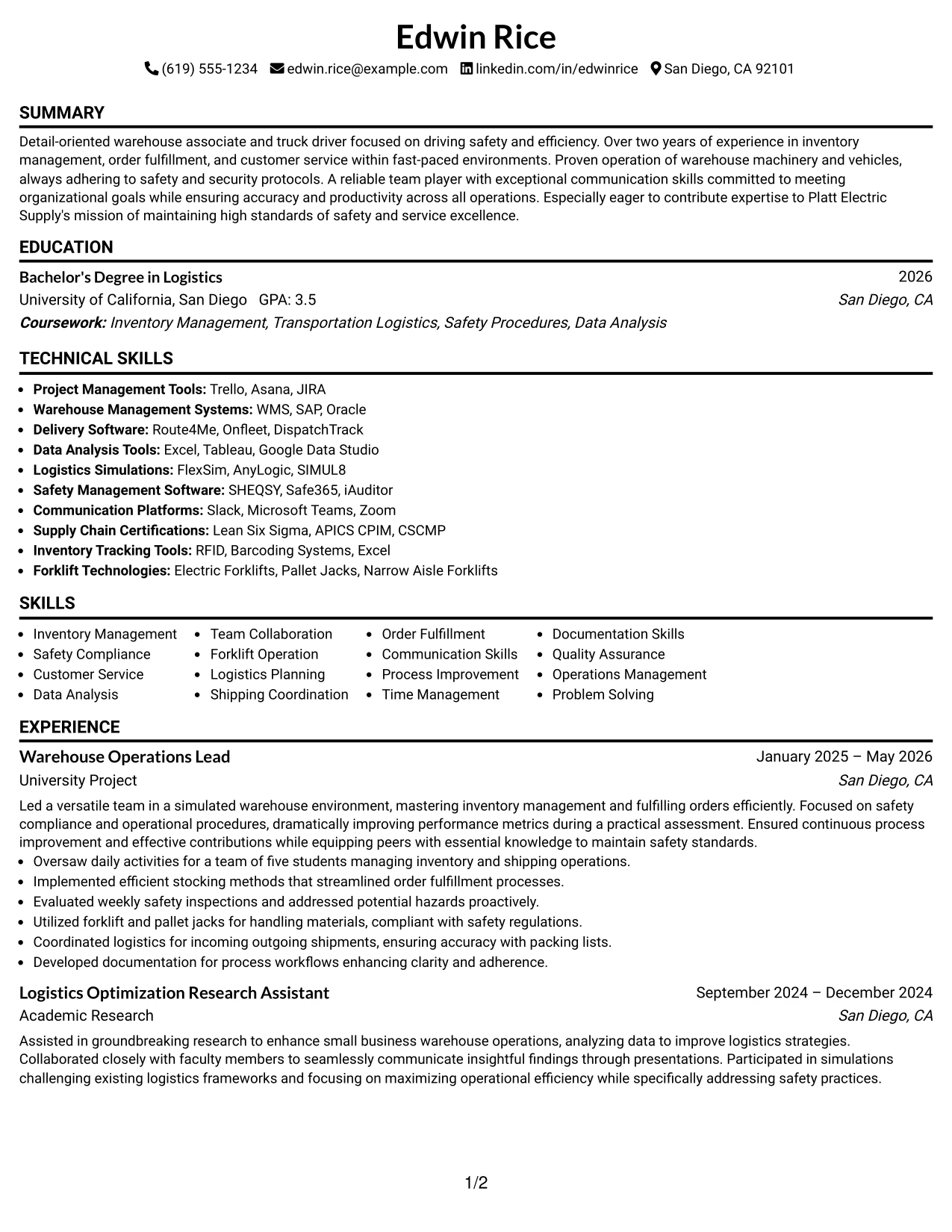 Resume Example Page 1