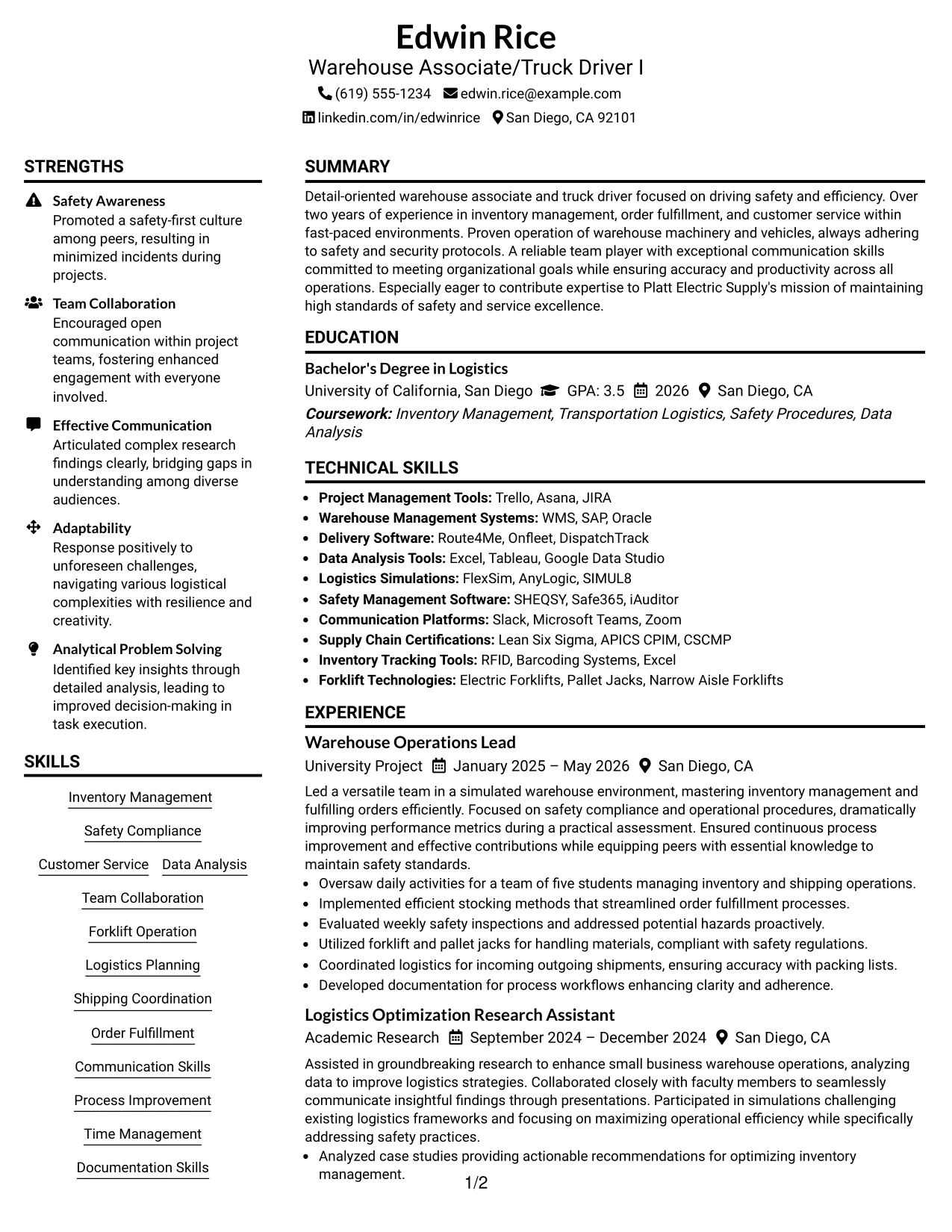 Resume Example Page 1
