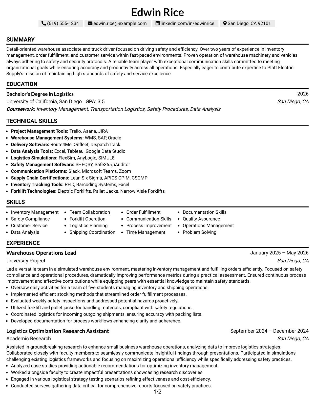 Resume Example Page 1