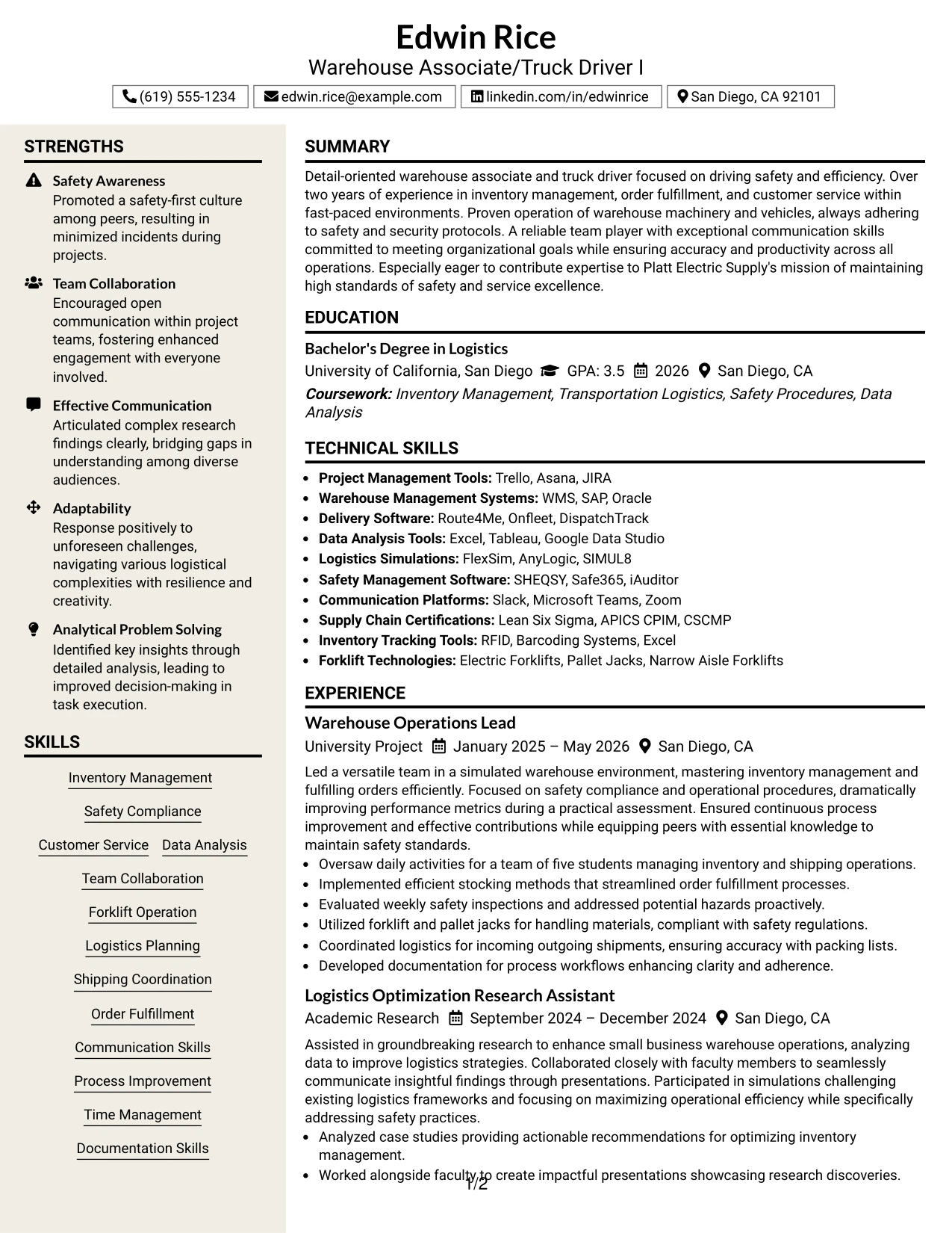 Resume Example Page 1