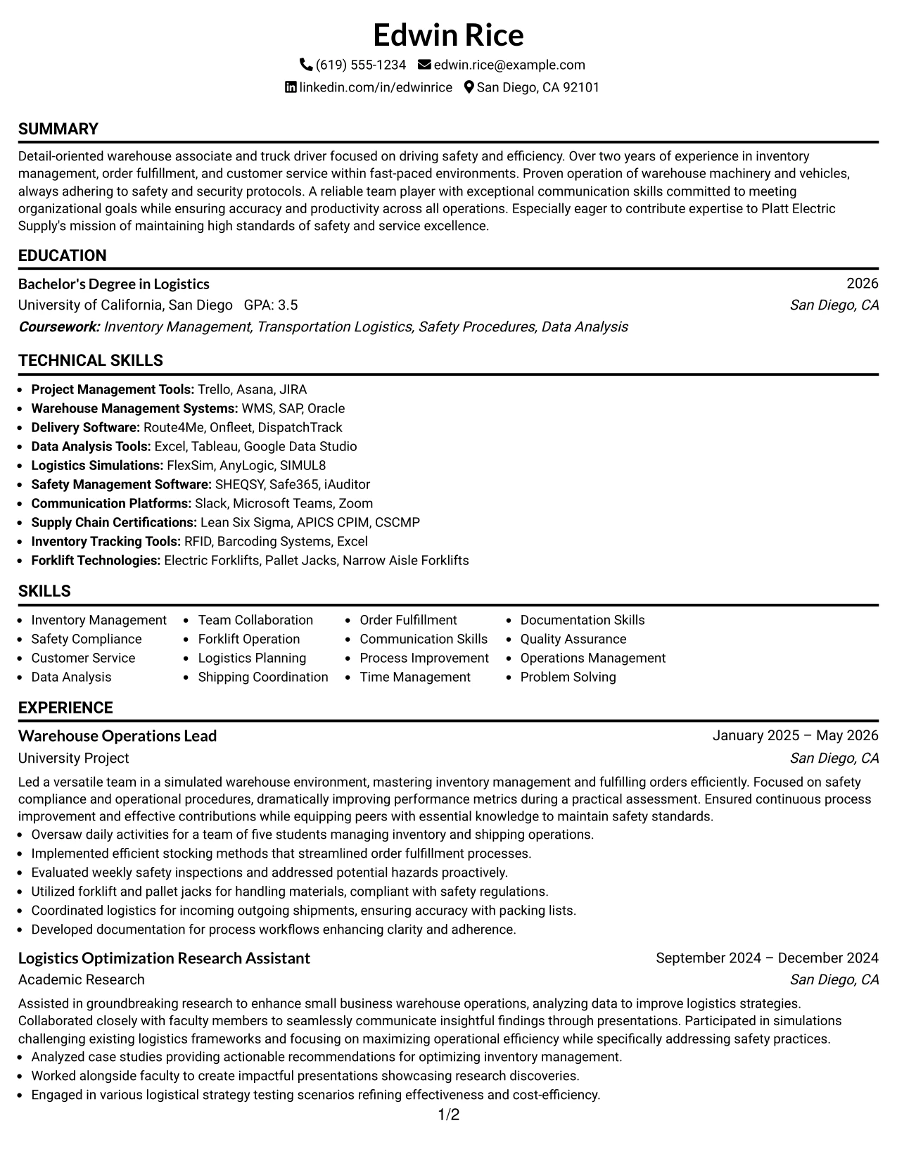 Resume Example Page 1